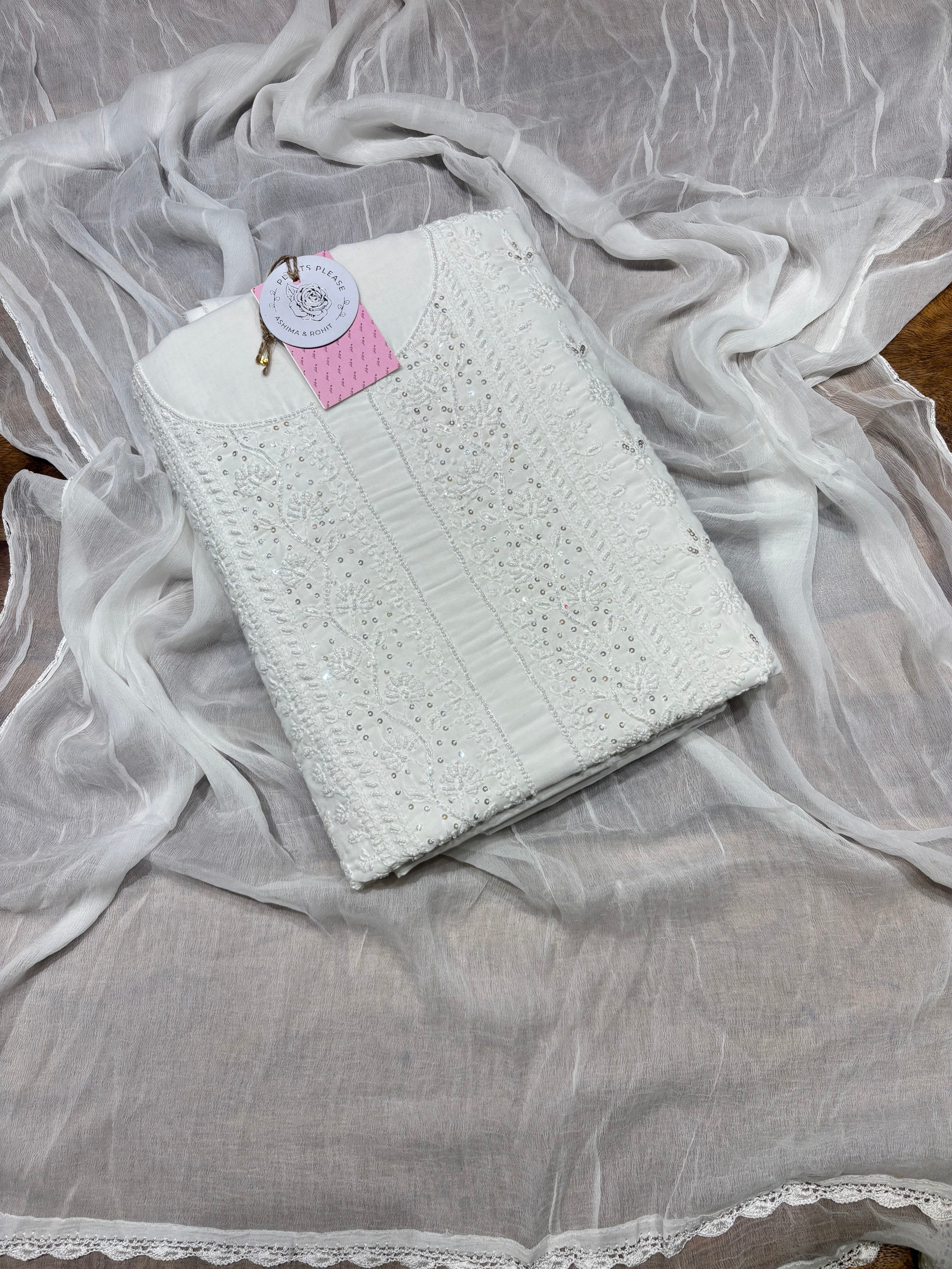 Dyeable Mulmul Chikankari Kurta, Dupatta & Bottom Fabric