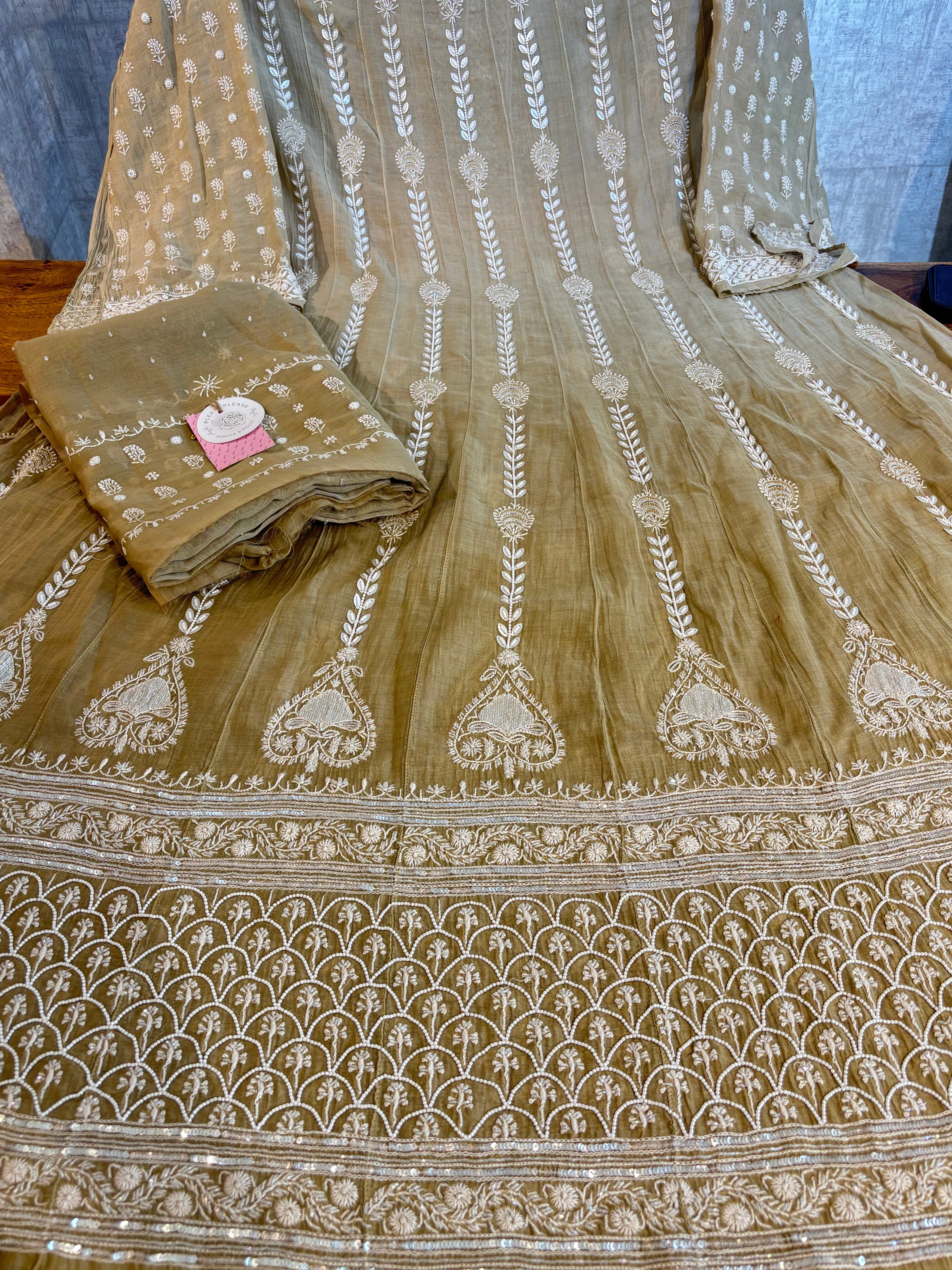 Earthy Brown Ombré Chanderi Chikankari Anarkali & Dupatta