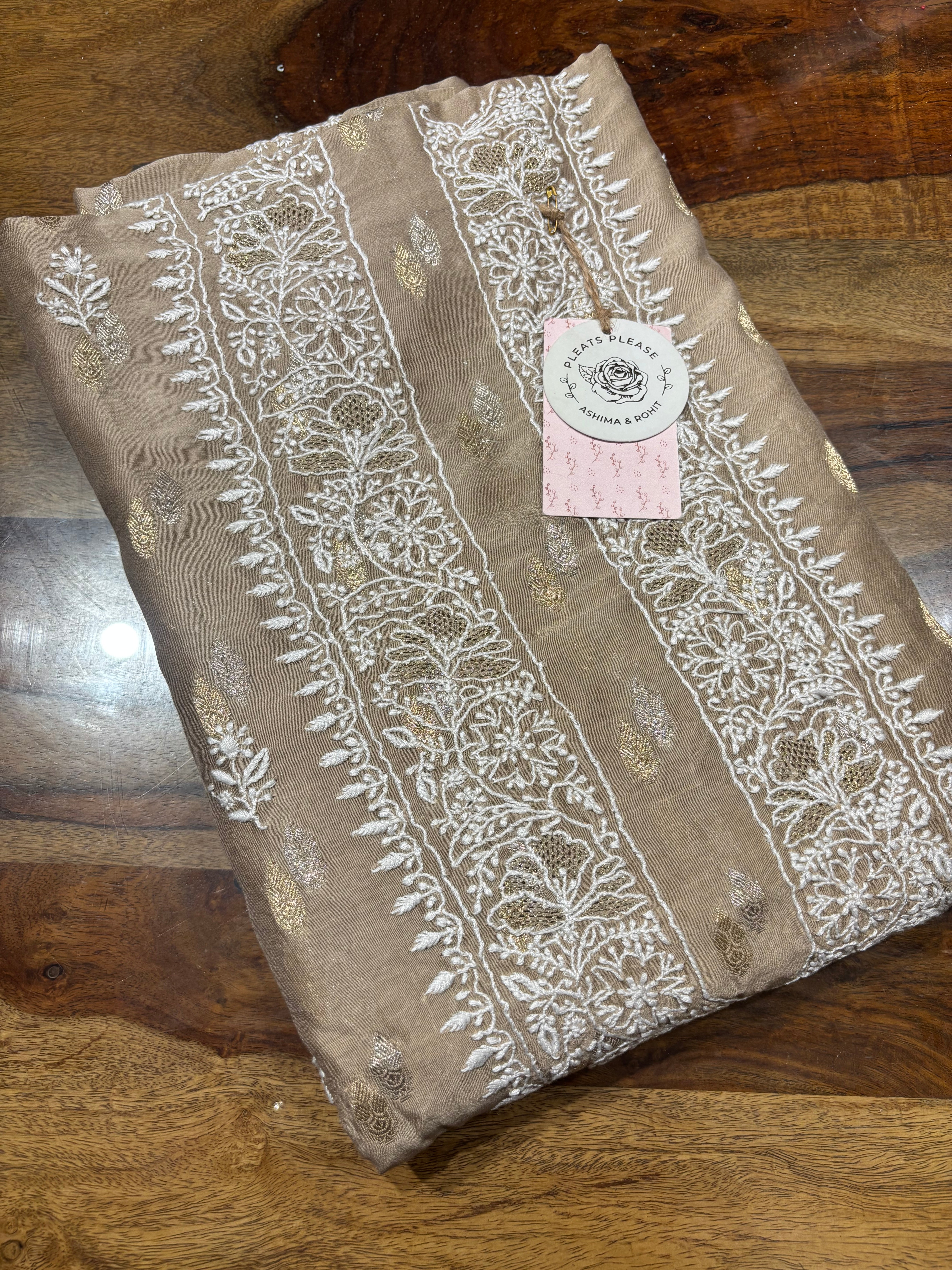 Brown Chanderi Silk Chikankari Men's Kurta Fabric