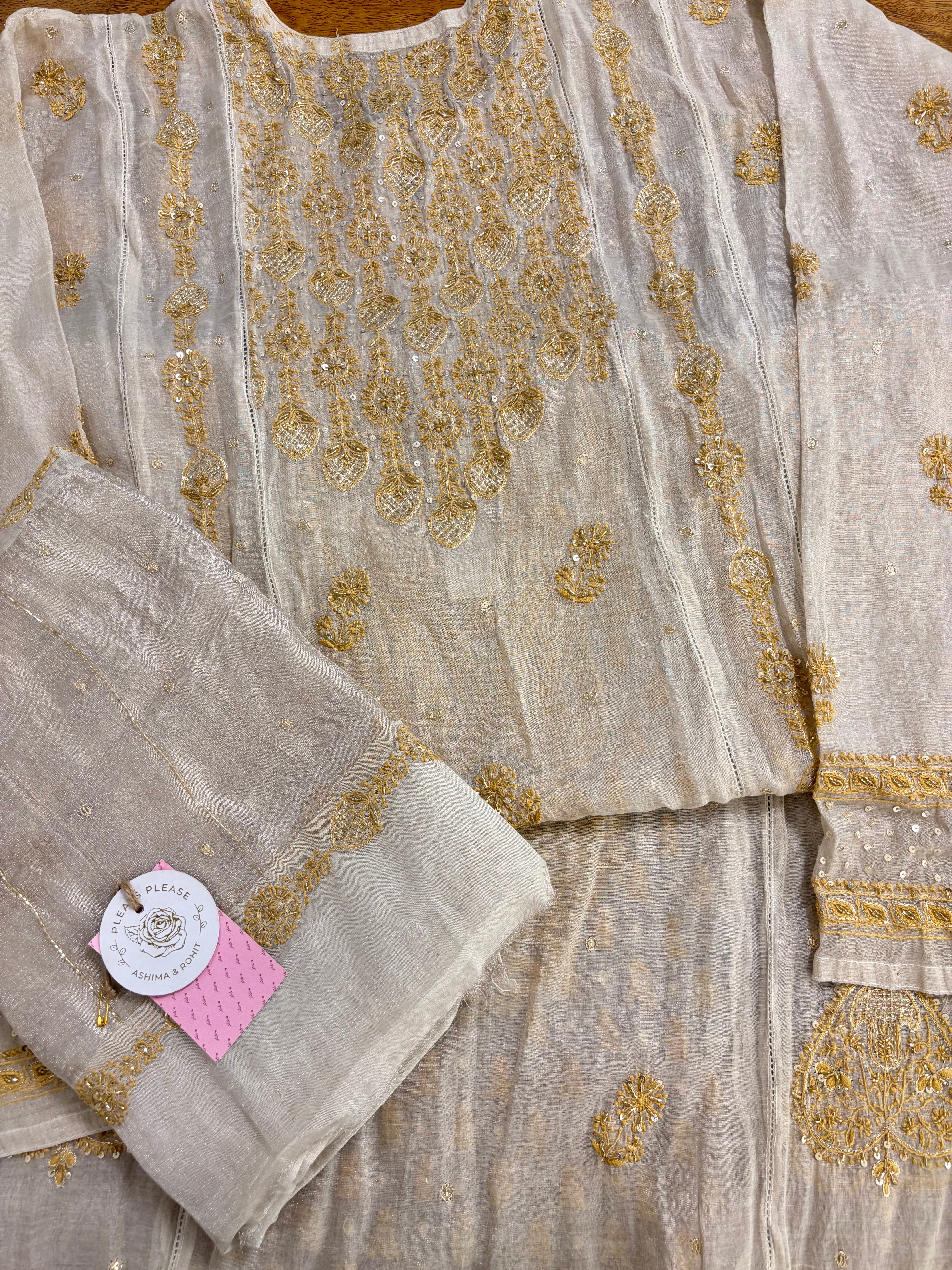 Dyeable Ivory Silver Pure & Premium Tissue Chikankari Kurta & Dupatta