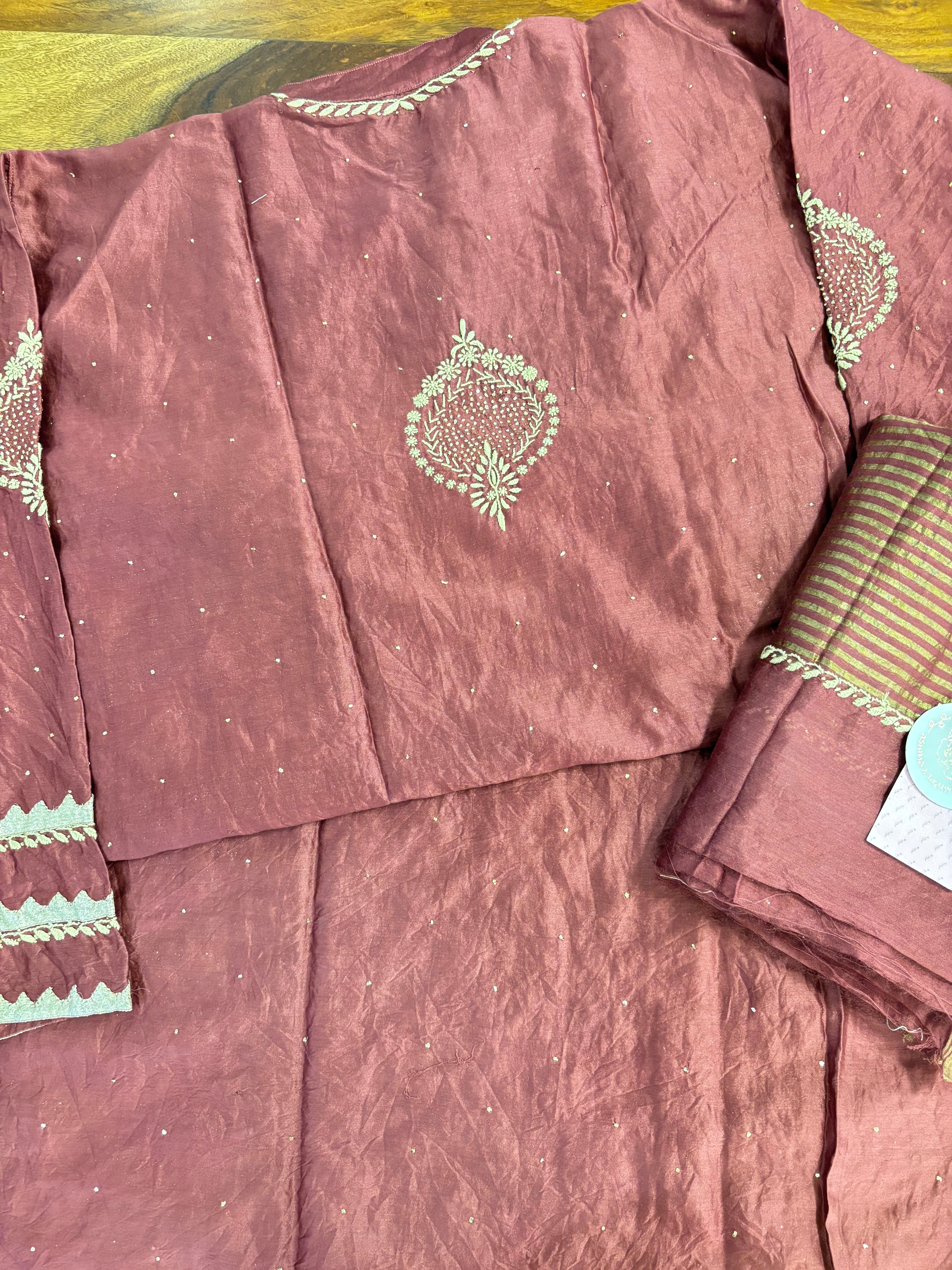 Maroon Chanderi Chikankari Mukaish Kurta & Dupatta