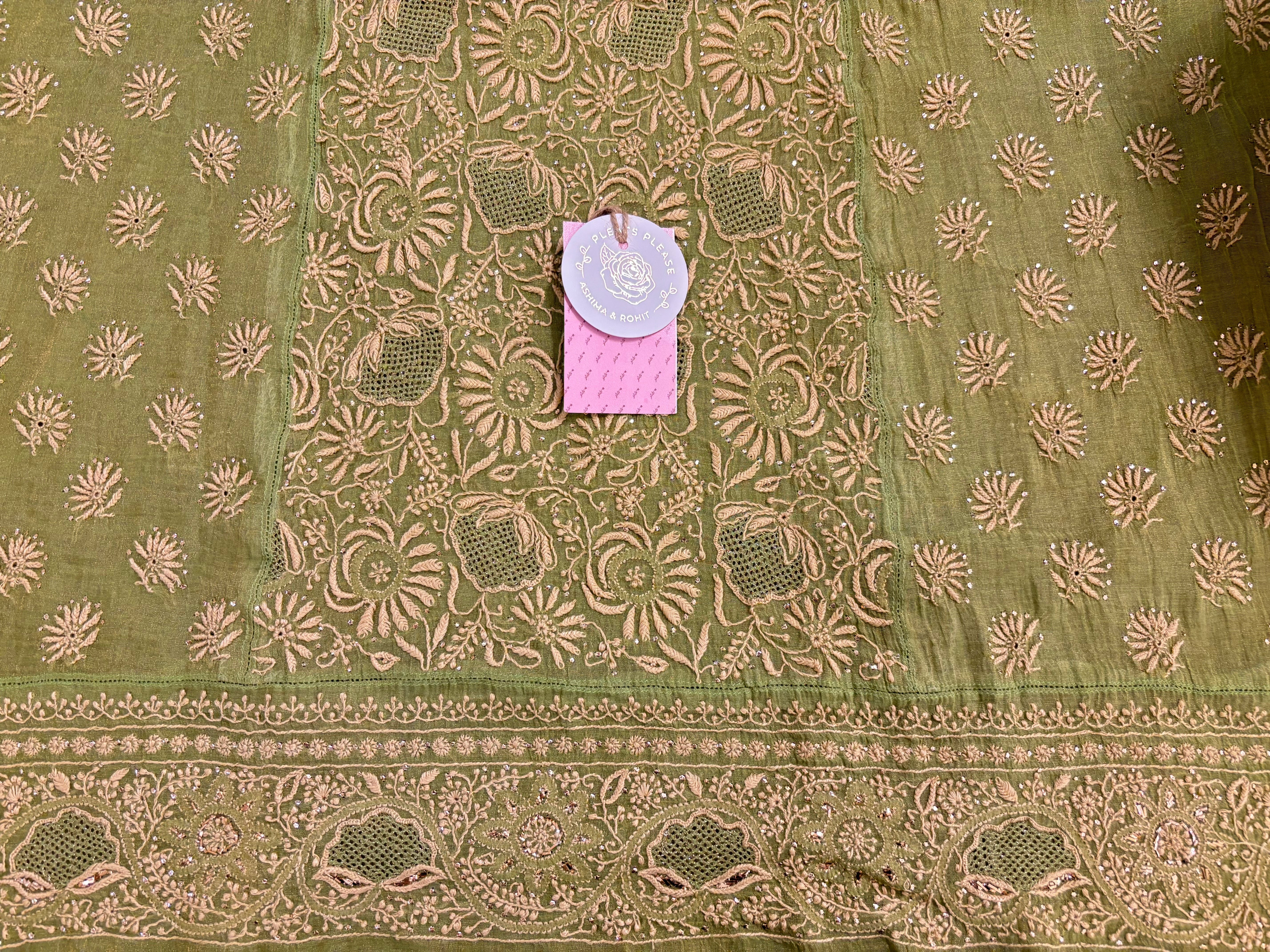 Warm Green Pure & Premium Tissue Chikankari Mukaish Kurta & Dupatta