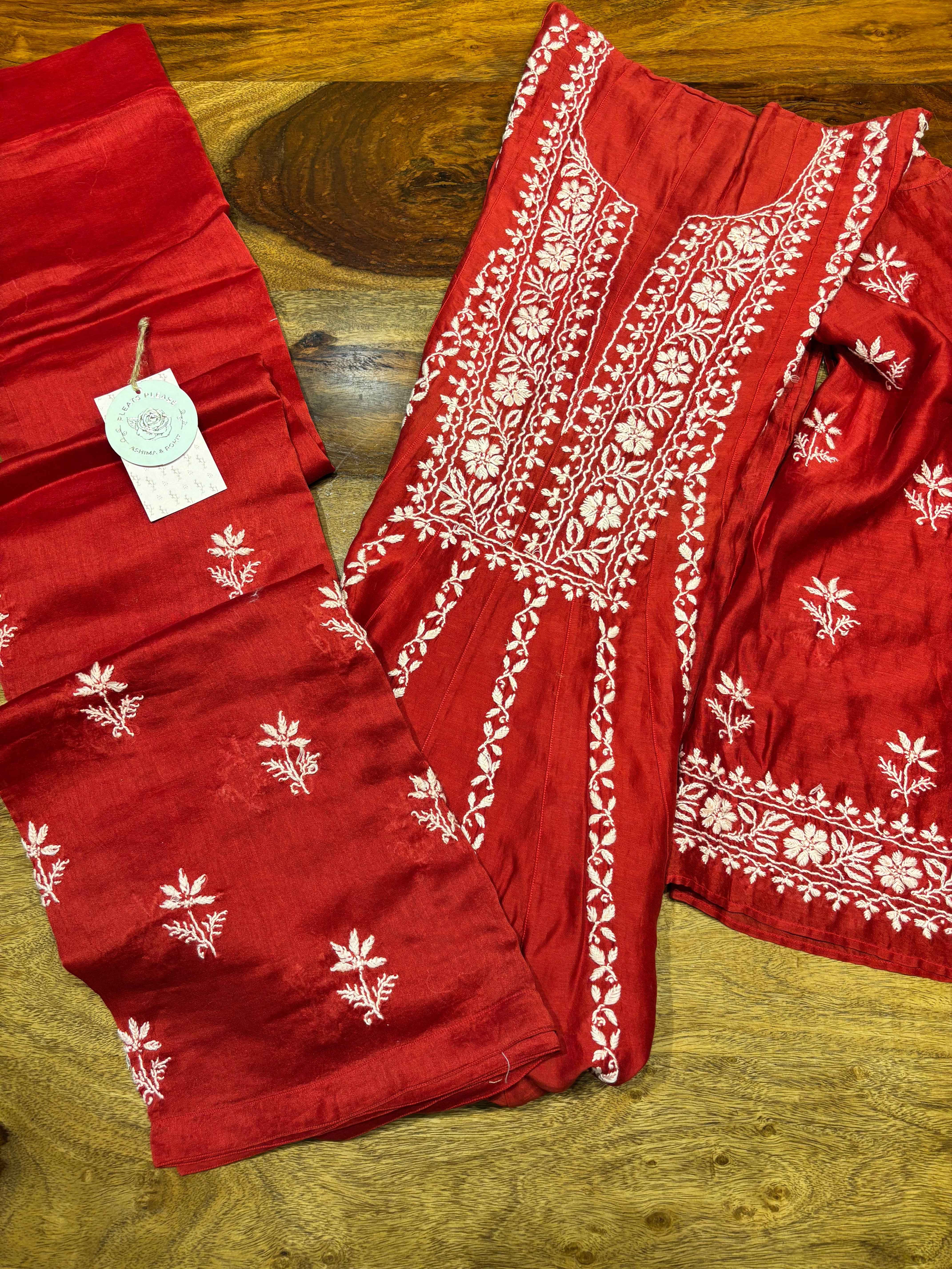 Red Chanderi Silk Chikankari Co-ord Set - Pleats PleaseChikankari