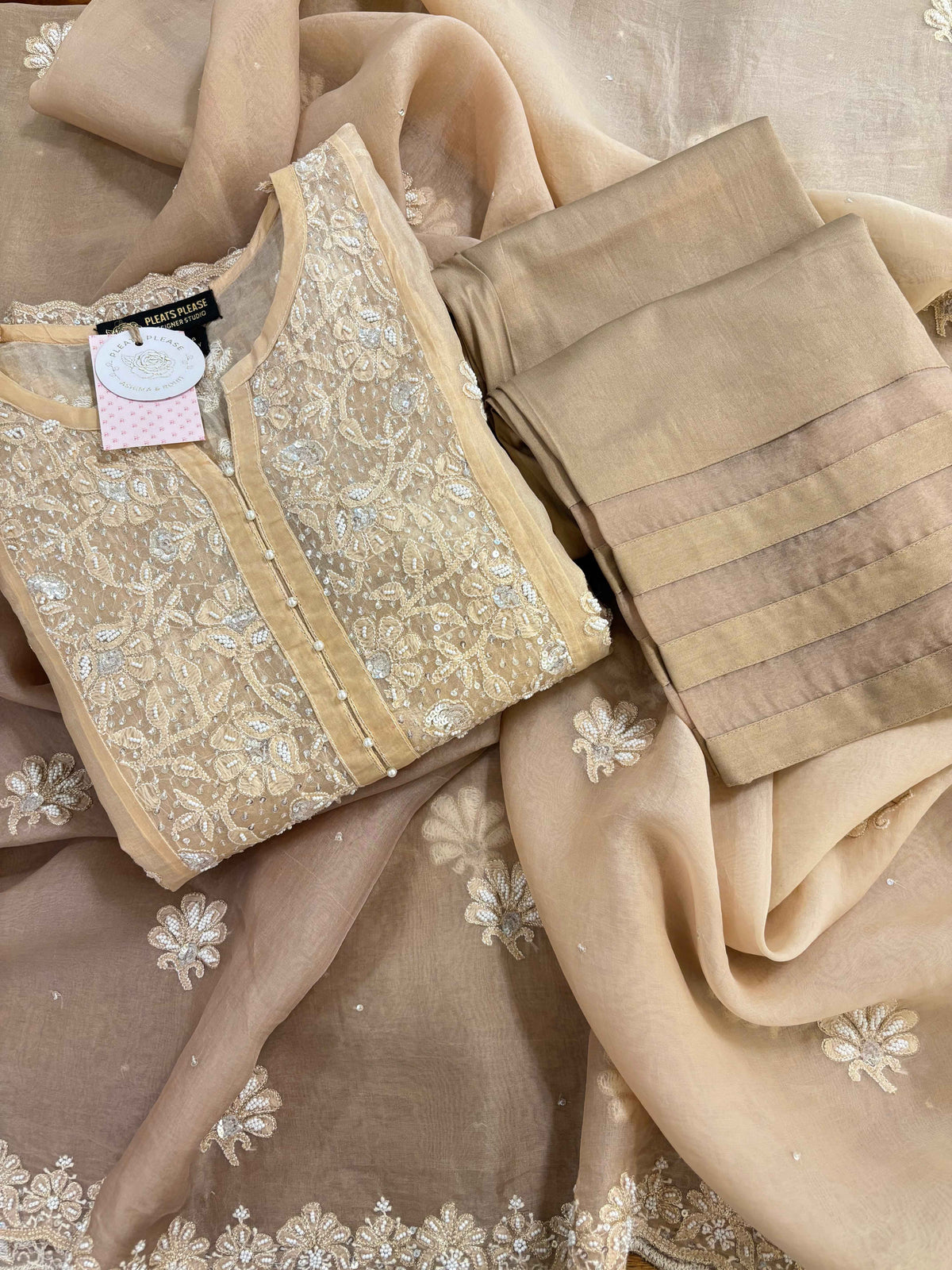 Peach Ombré Pure Organza Chikankari Anarkali,Dupatta With Bottom