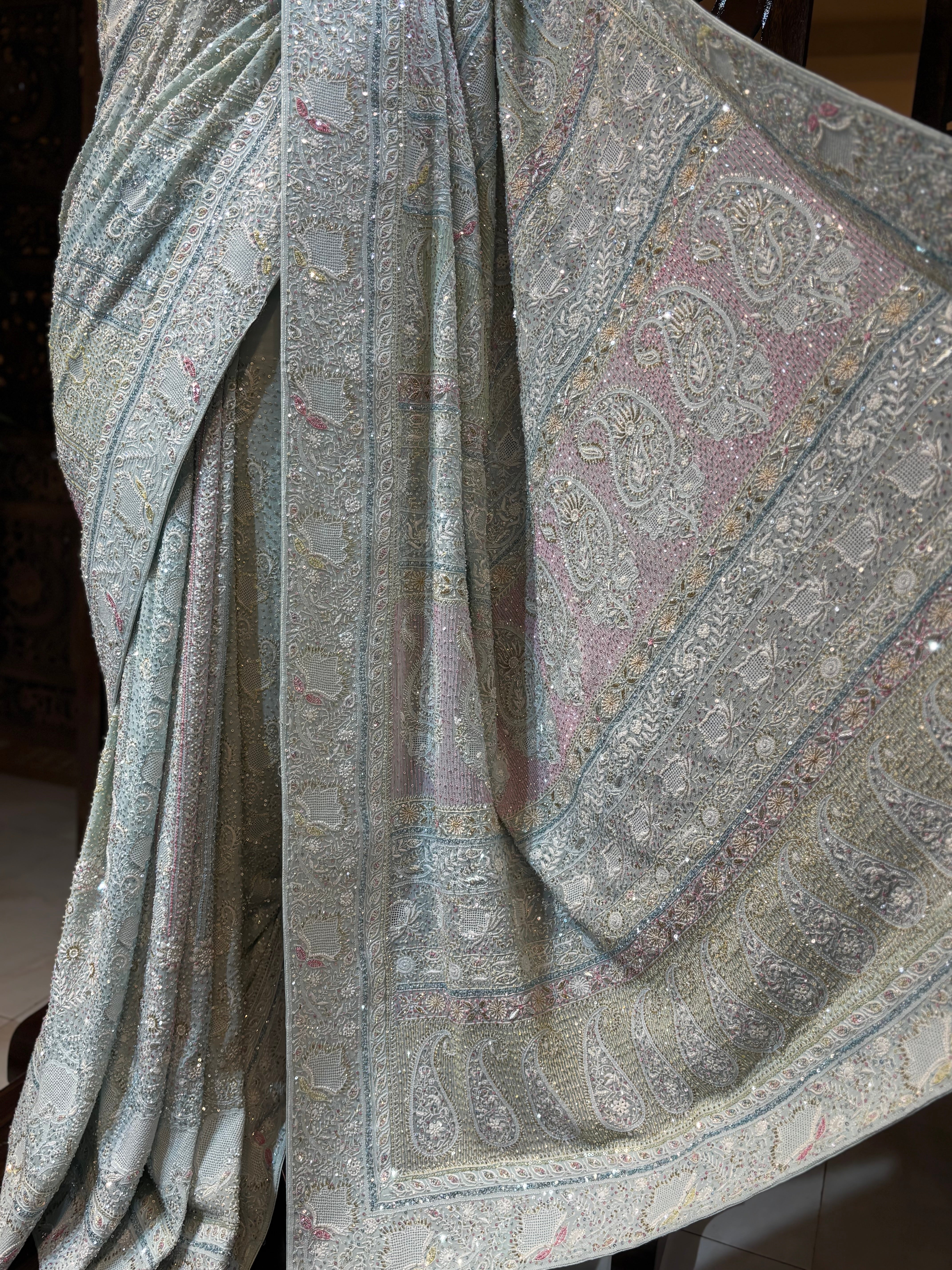 Aqua Blue Pure & Premium Georgette Chikankari Saree & Blouse - Pleats PleaseChikankari