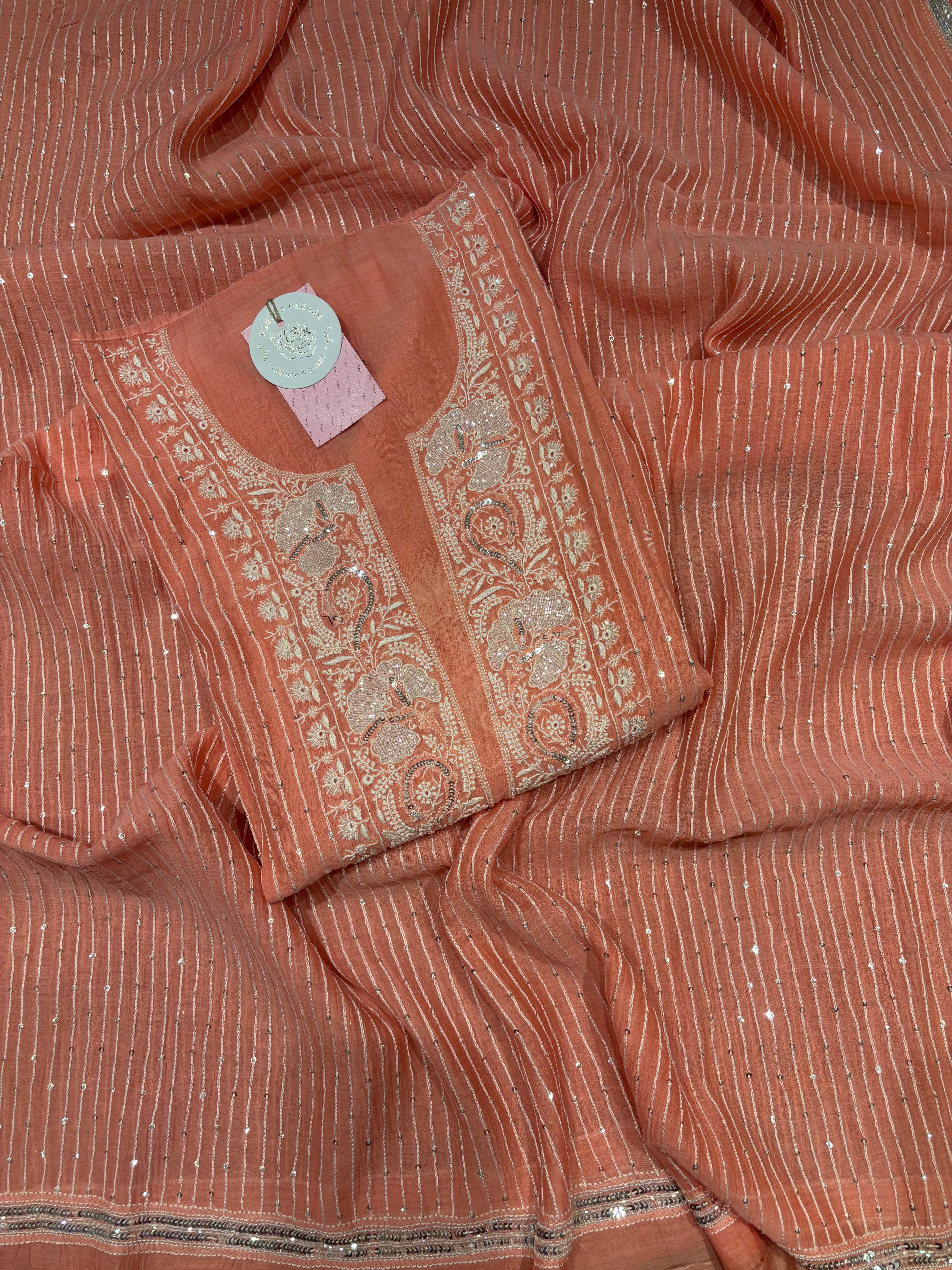 Coral Pink Chanderi Mul Chikankari Kurta & Dupatta Set