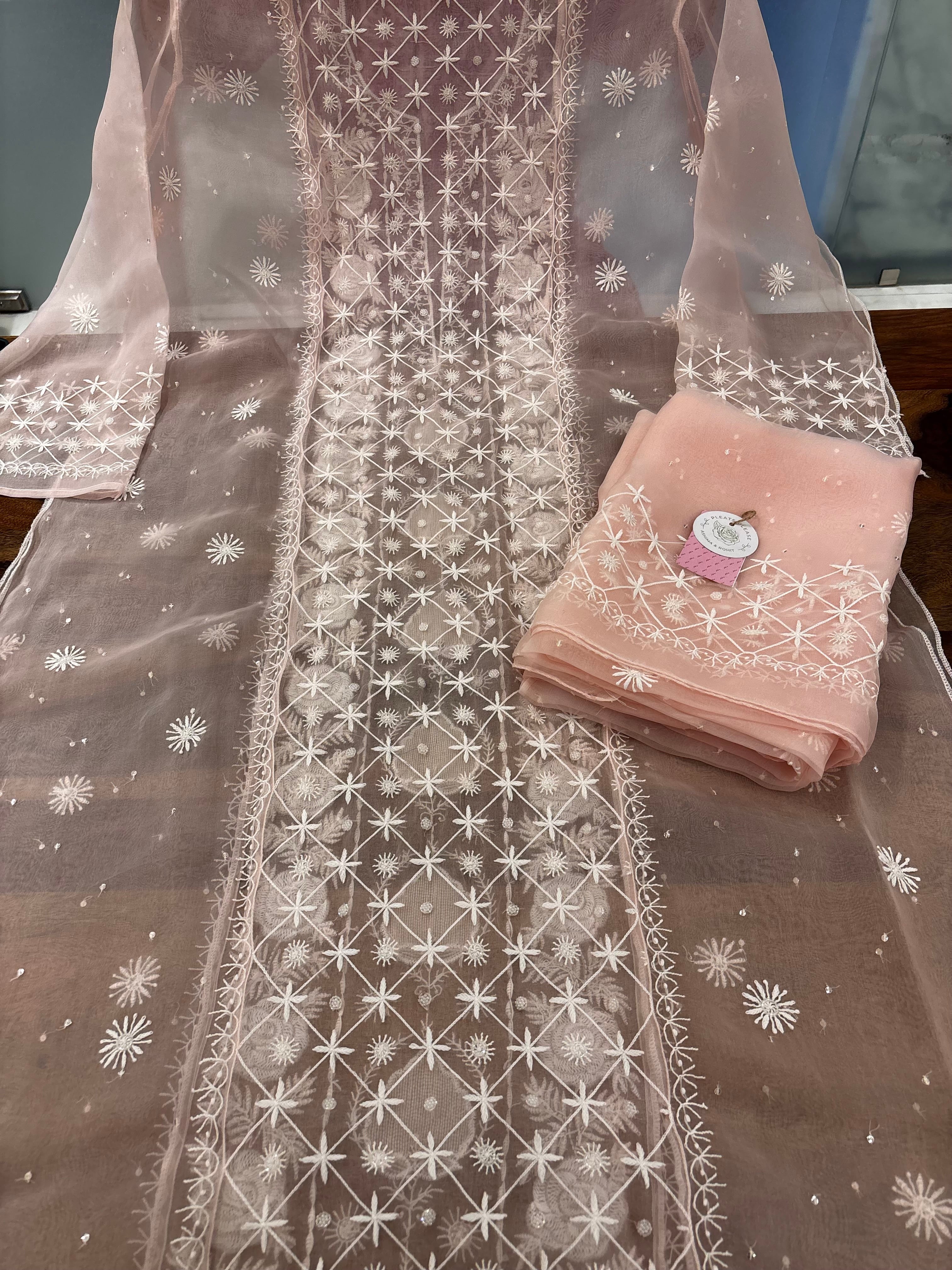 Baby Pink Pure Organza Chikankari Kurta & Dupatta - Pleats PleaseChikankari