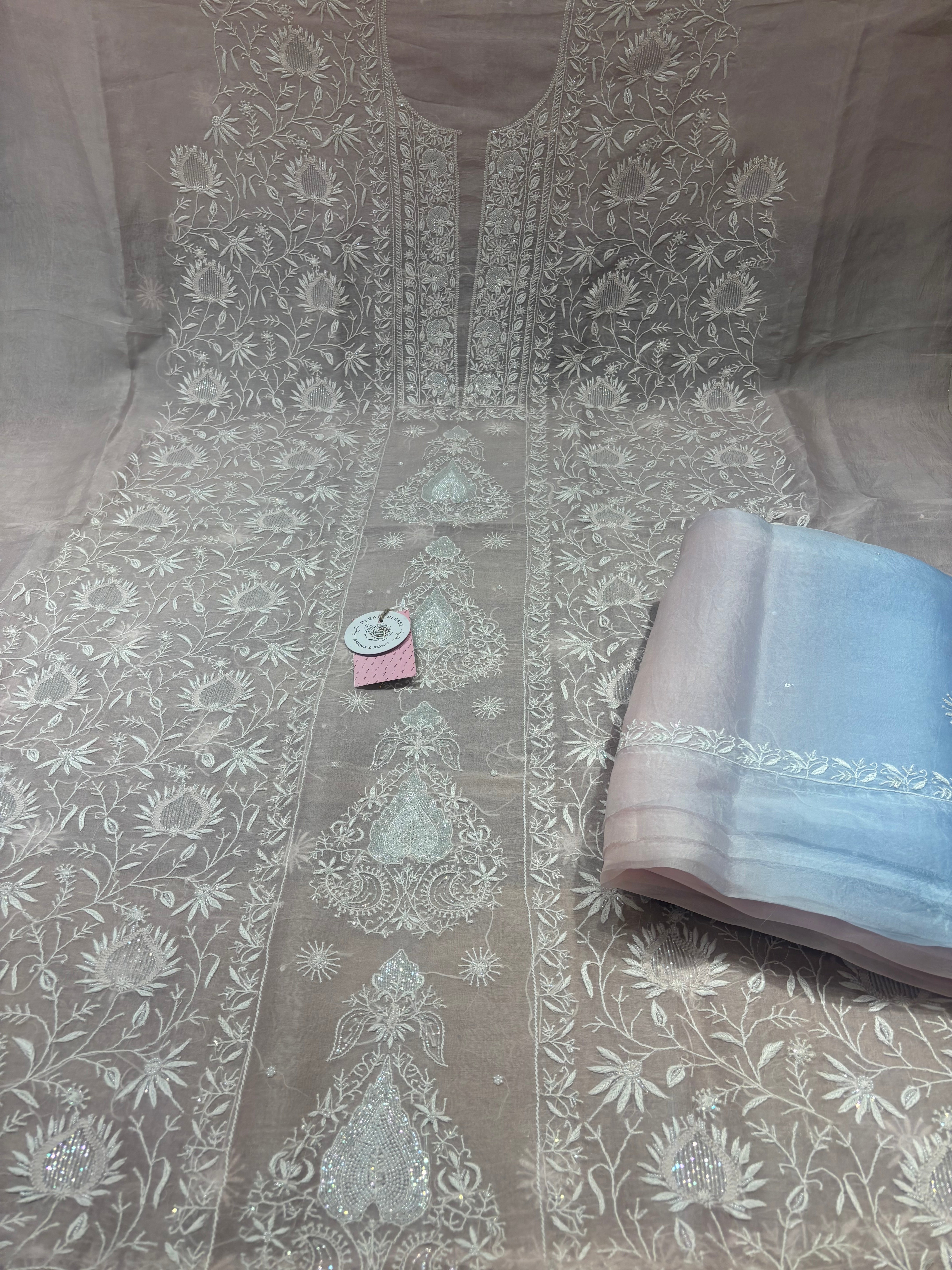 Soft Pink Pure & Premium Organza Silk Chikankari Kurta & Dupatta Fabric