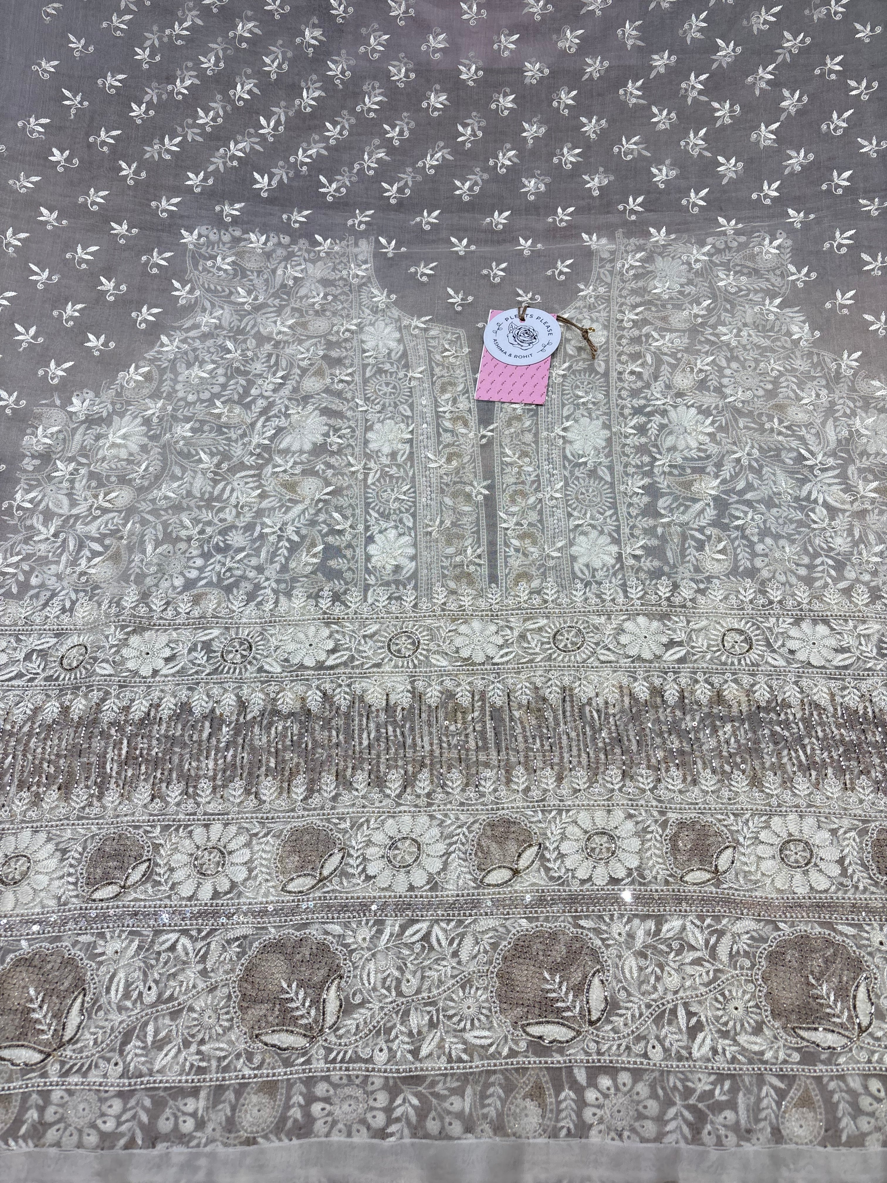 Ivory Pure & Premium Organza Silk Chikankari Kurta & Dupatta Fabric