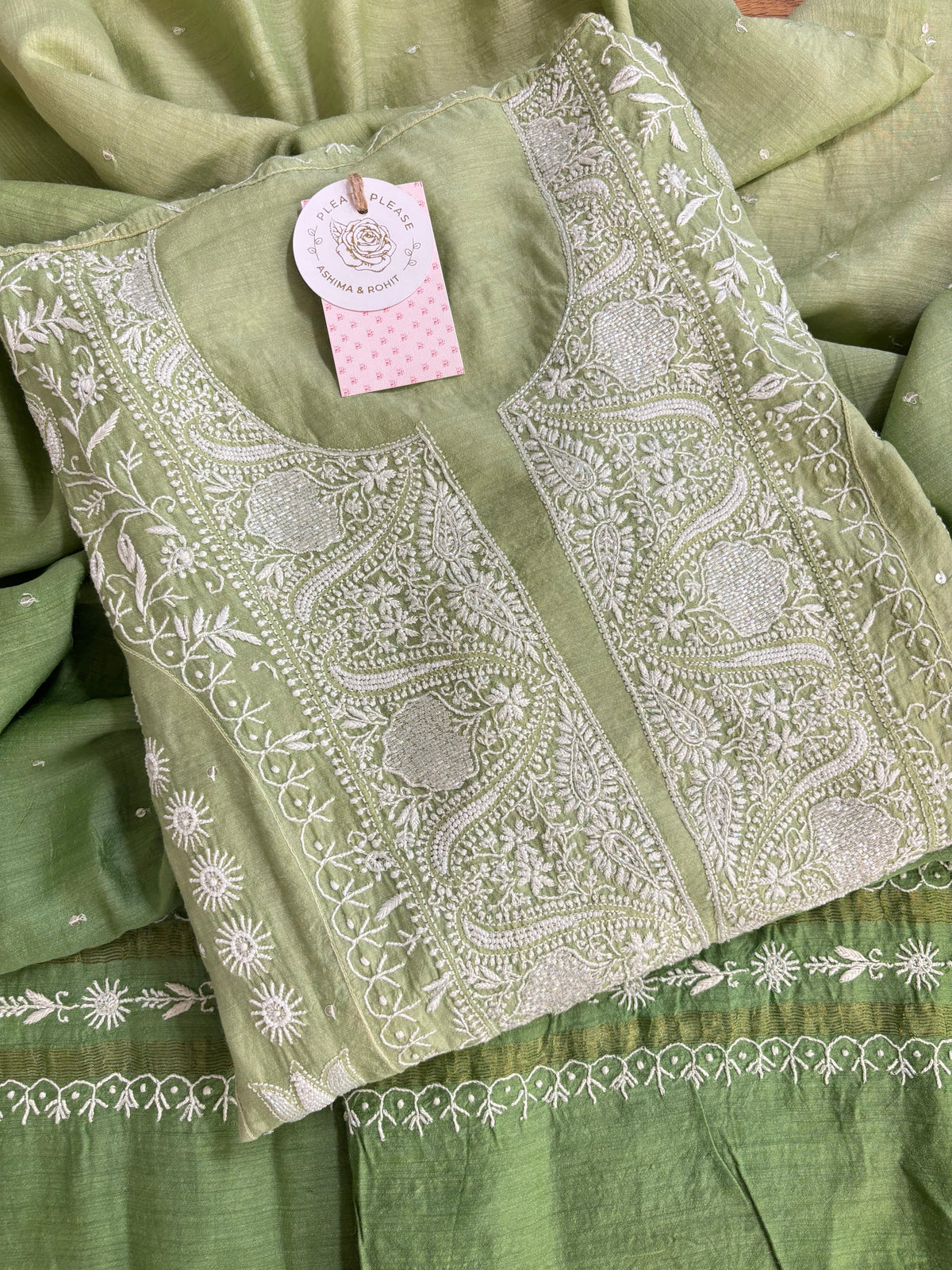 Green Ombré Pure Monga Silk Chikankari Anarkali & Dupatta