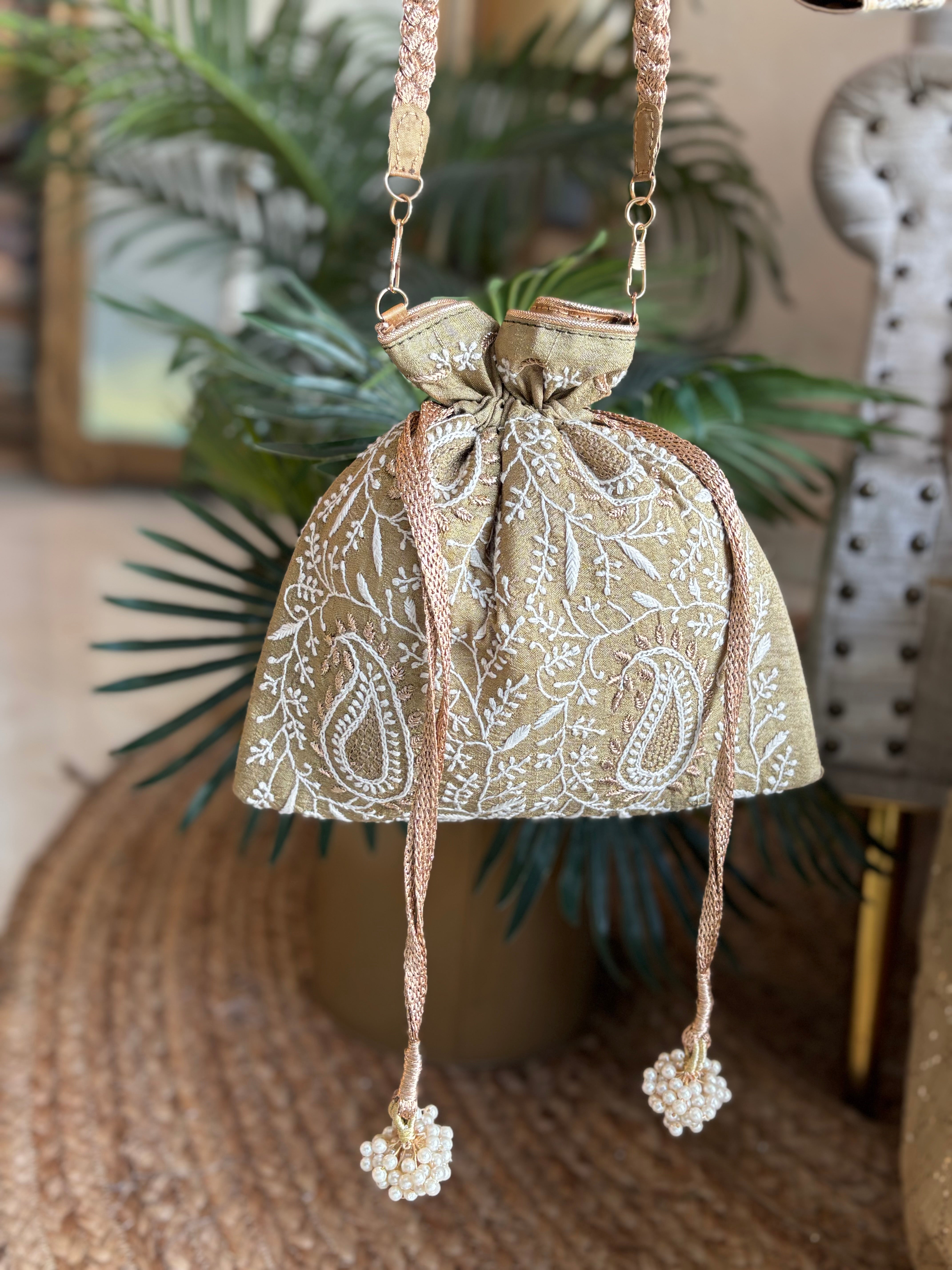 Olive Silk Chikankari Potli