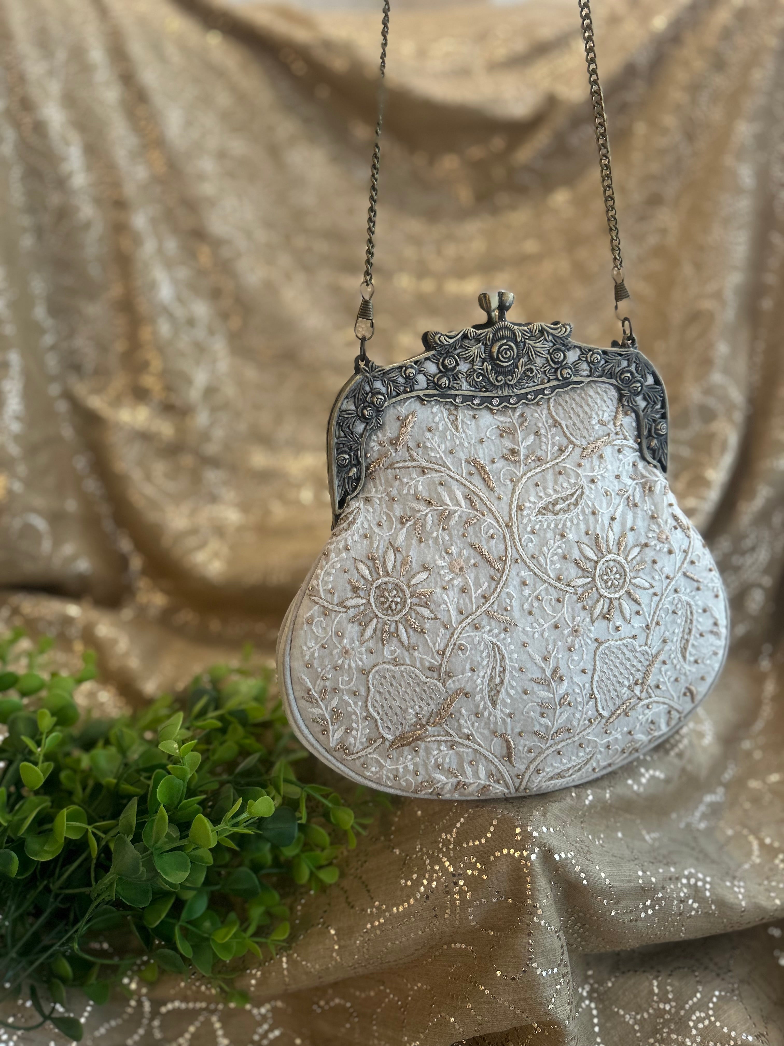 Ivory Chikankari Clutch Bag