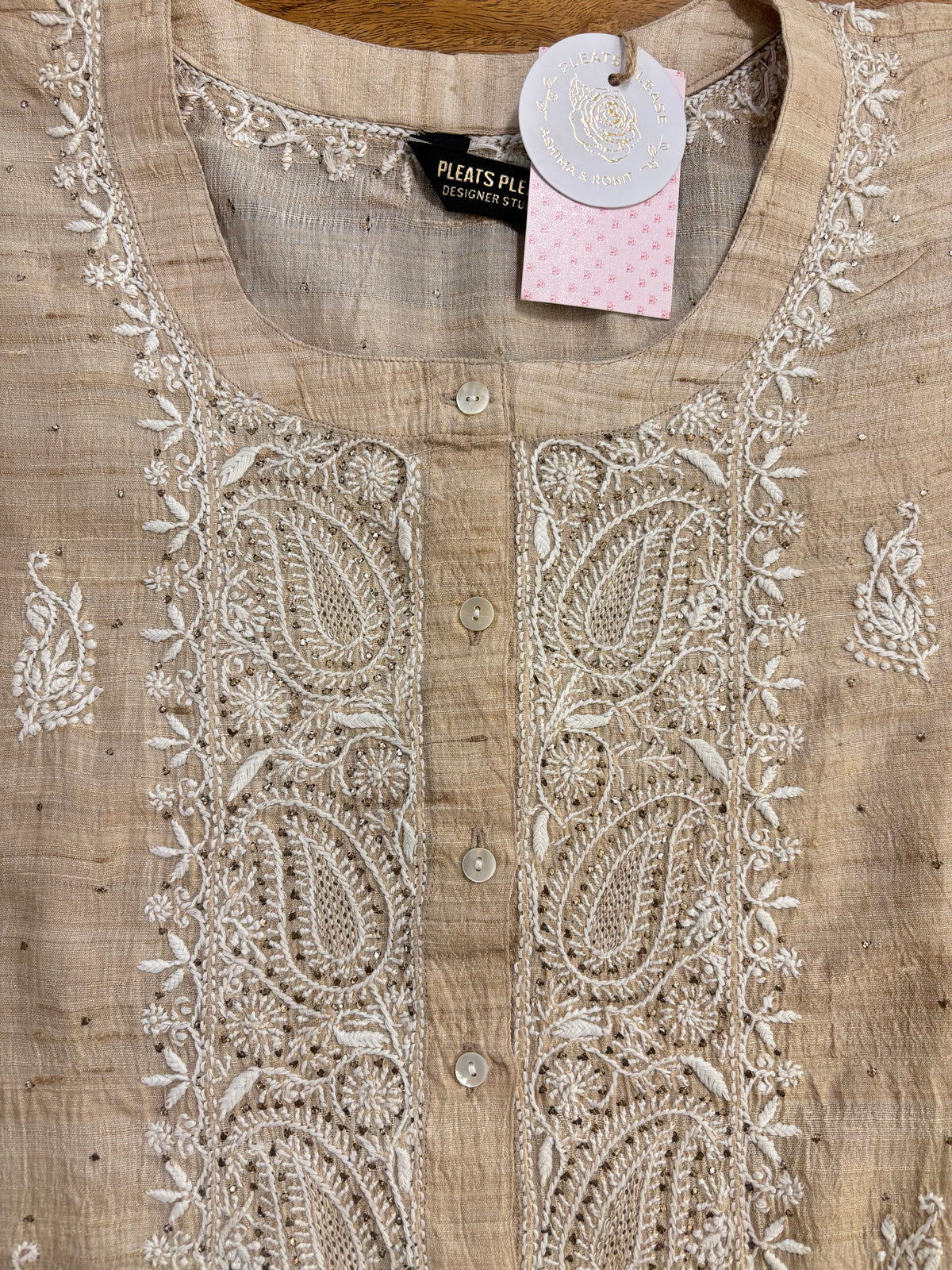 Natural Tussar Silk Chikankari Mukaish Co-Ord Set