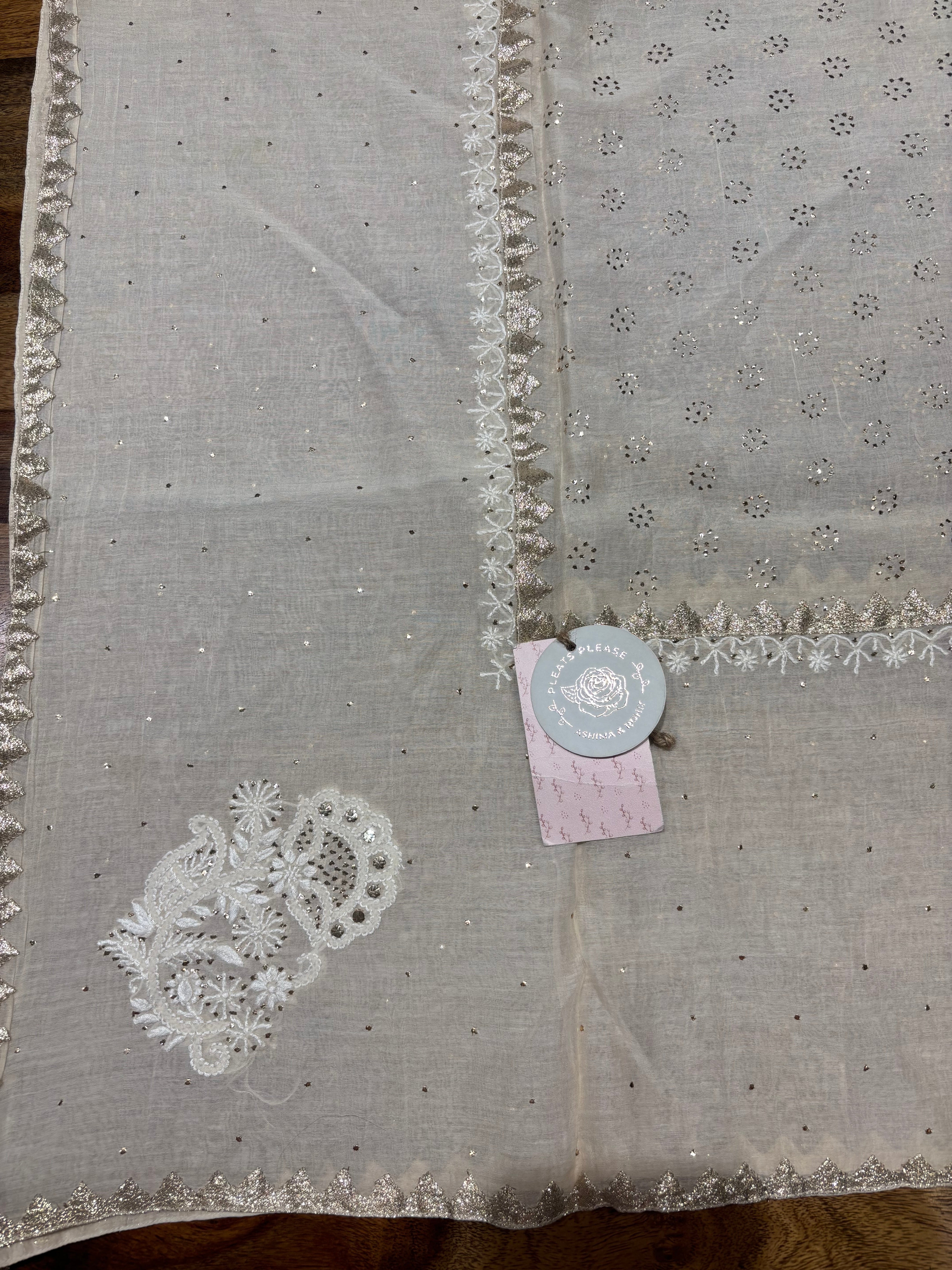 Off White Chanderi Mul Chikankari & Mukaish Kurta & Dupatta Set