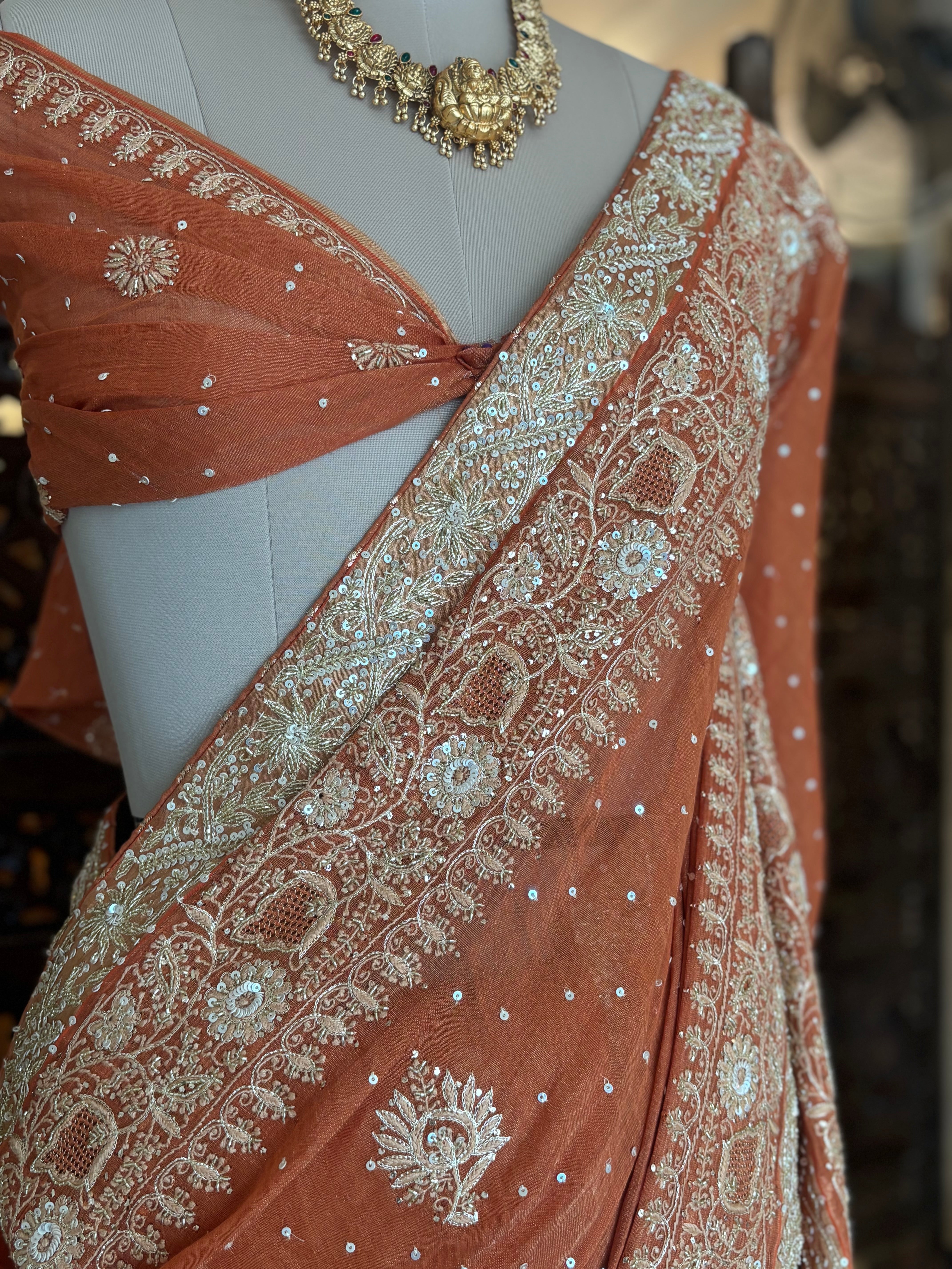 Burnt Orange Pure and Premium Tissue Chikankari Saree and Blouse - Pleats PleaseChikankari