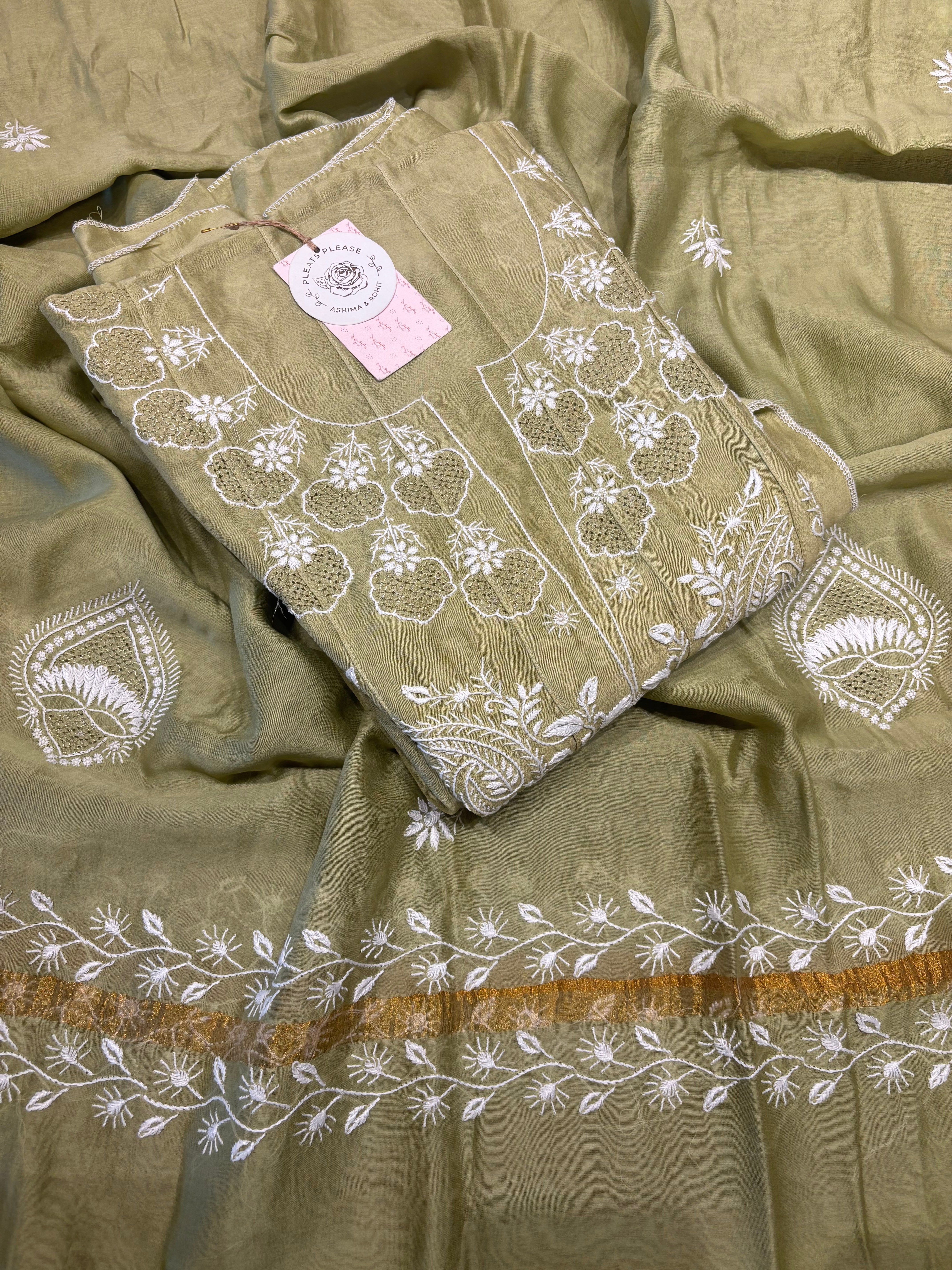 Pastel Olive Green Chanderi silk Chikankari Anarkali and Dupatta set