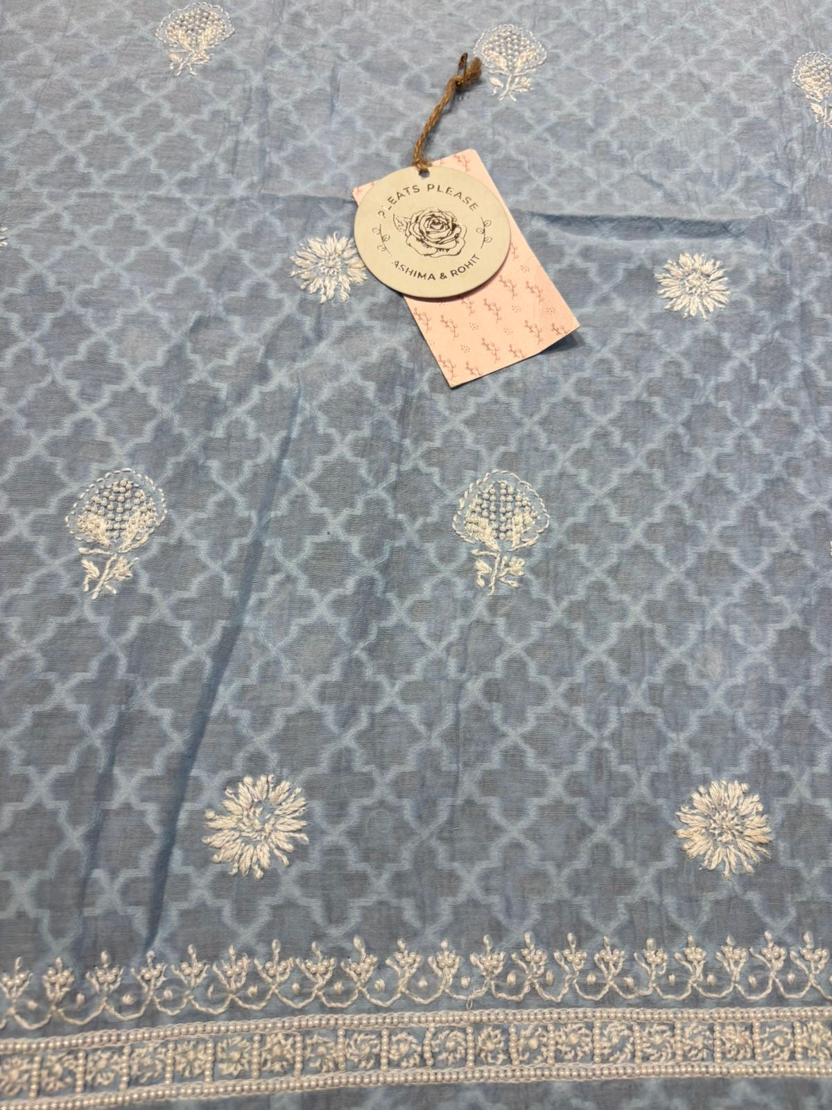 Powder Blue Chanderi Silk Chikankari Men’s Kurta Fabric