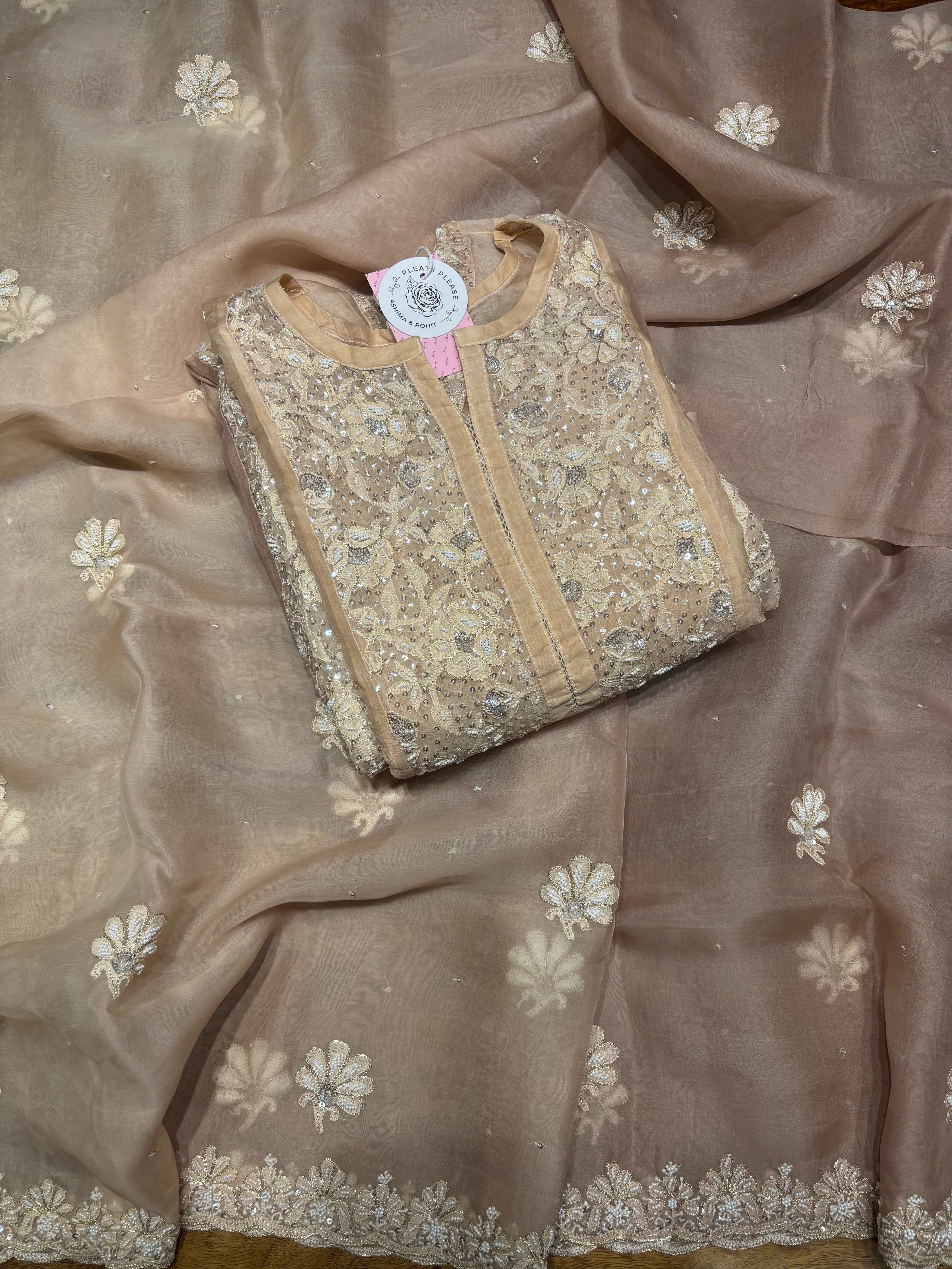 Brown Ombre Pure & Premium Organza Silk Chikankari Anarkali & Dupatta - Pleats PleaseChikankari