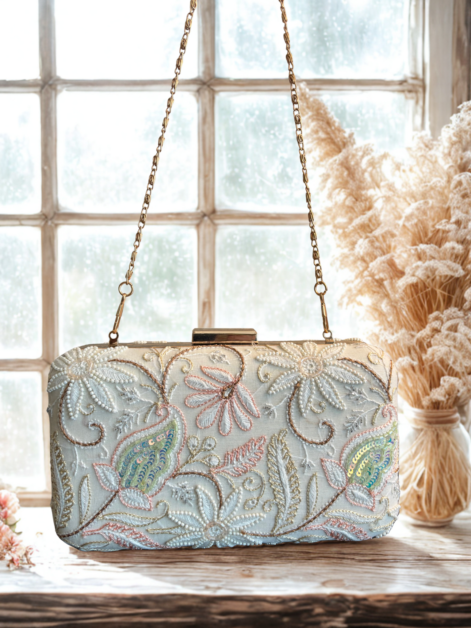 Off White Chikankari Clutch