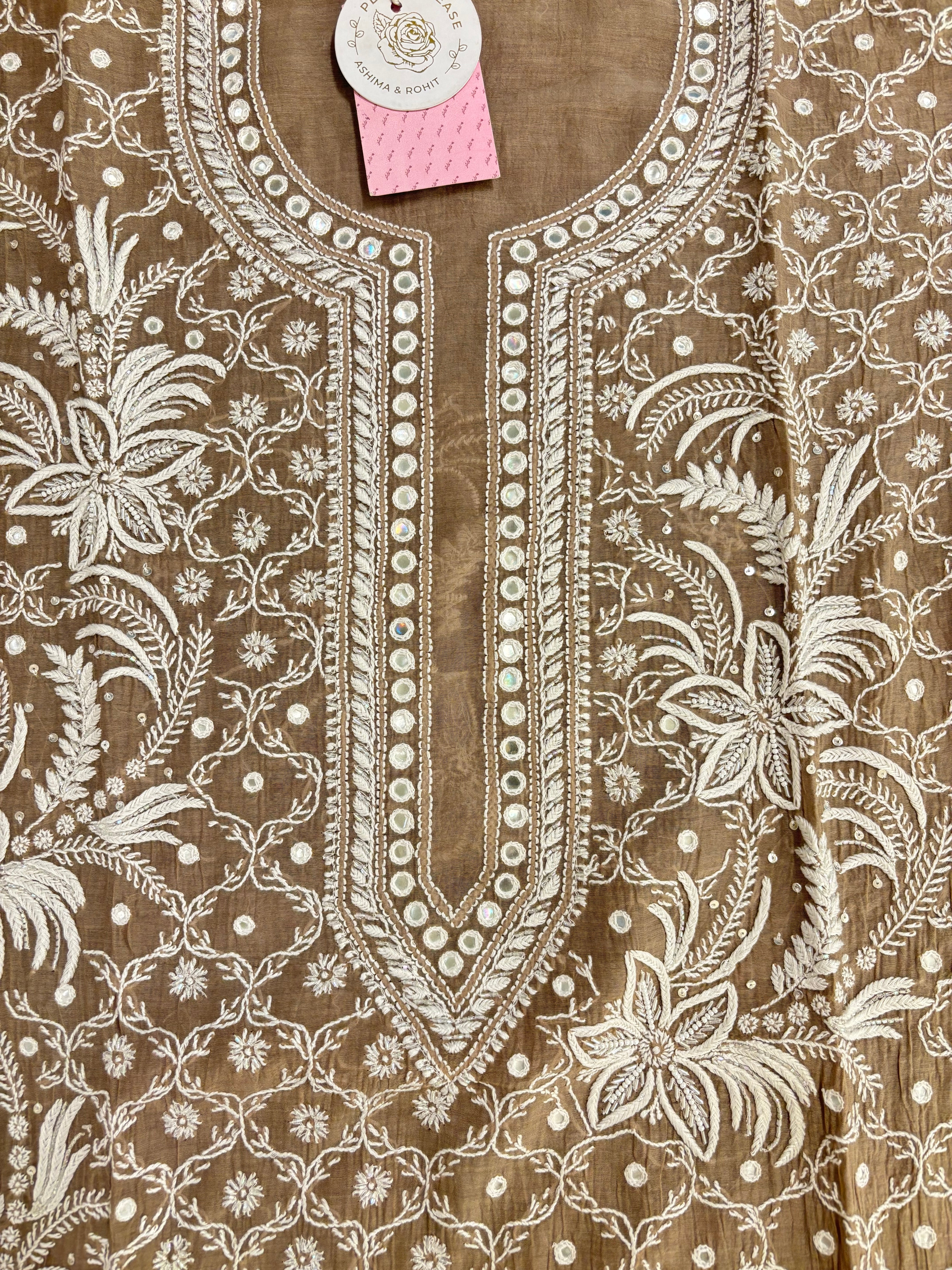 Camel Brown Chanderi Mul Mirror Chikankari Kurta & Dupatta