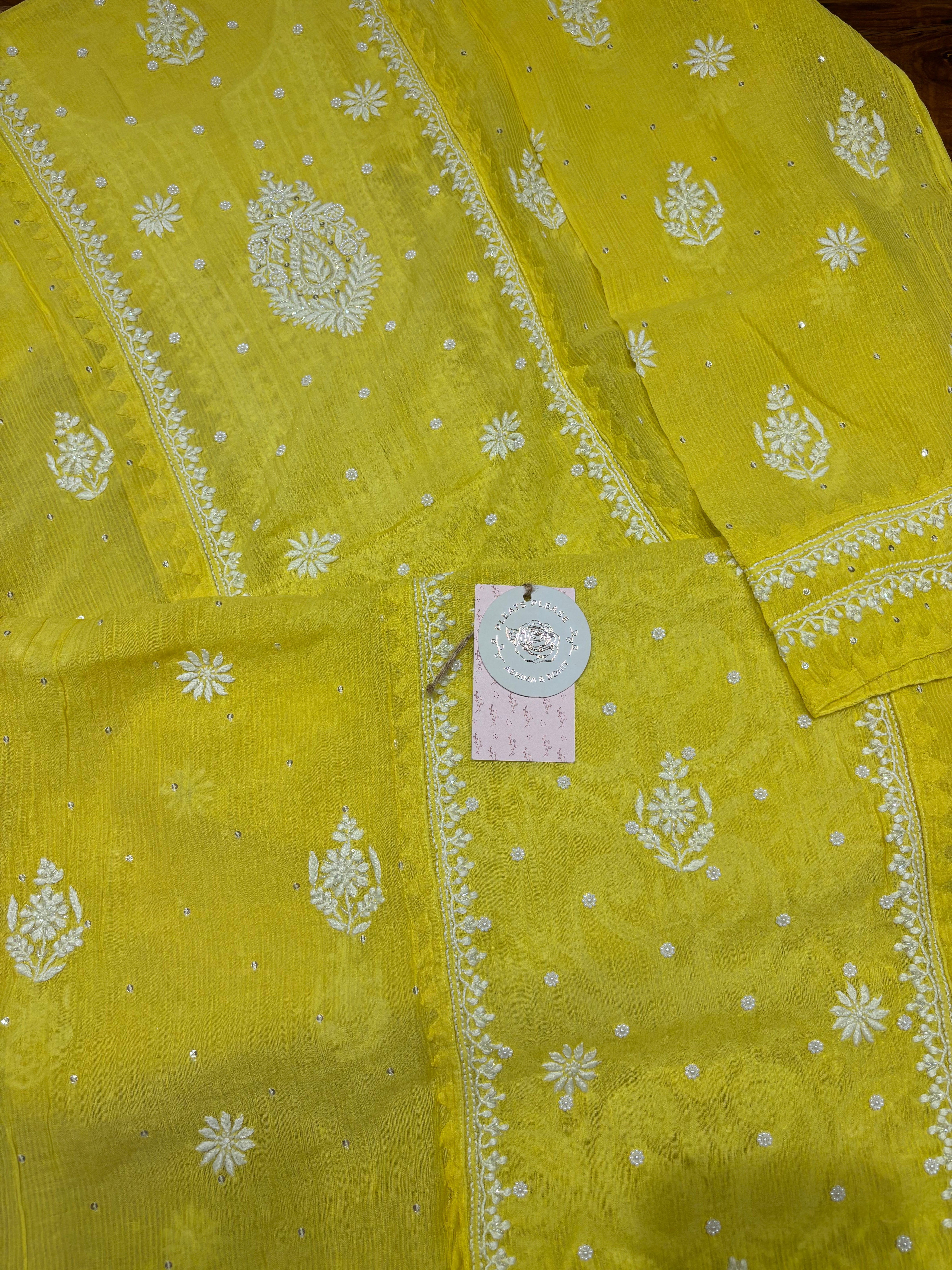 Lime yellow Chanderi Maheshwari Chikankari kurta and Dupatta set