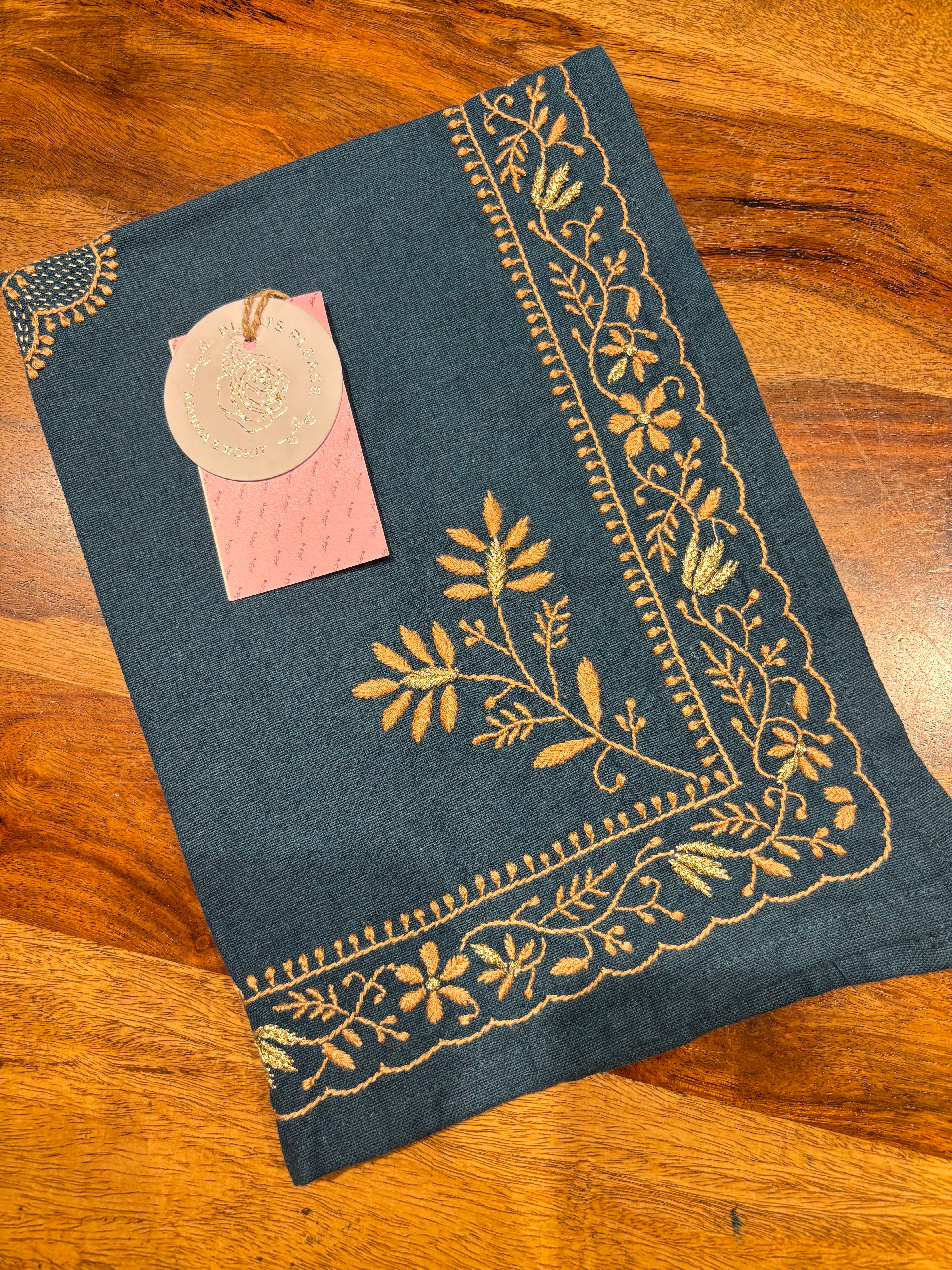 Turquoise Blue Linen Cotton Chikankari Table Mat