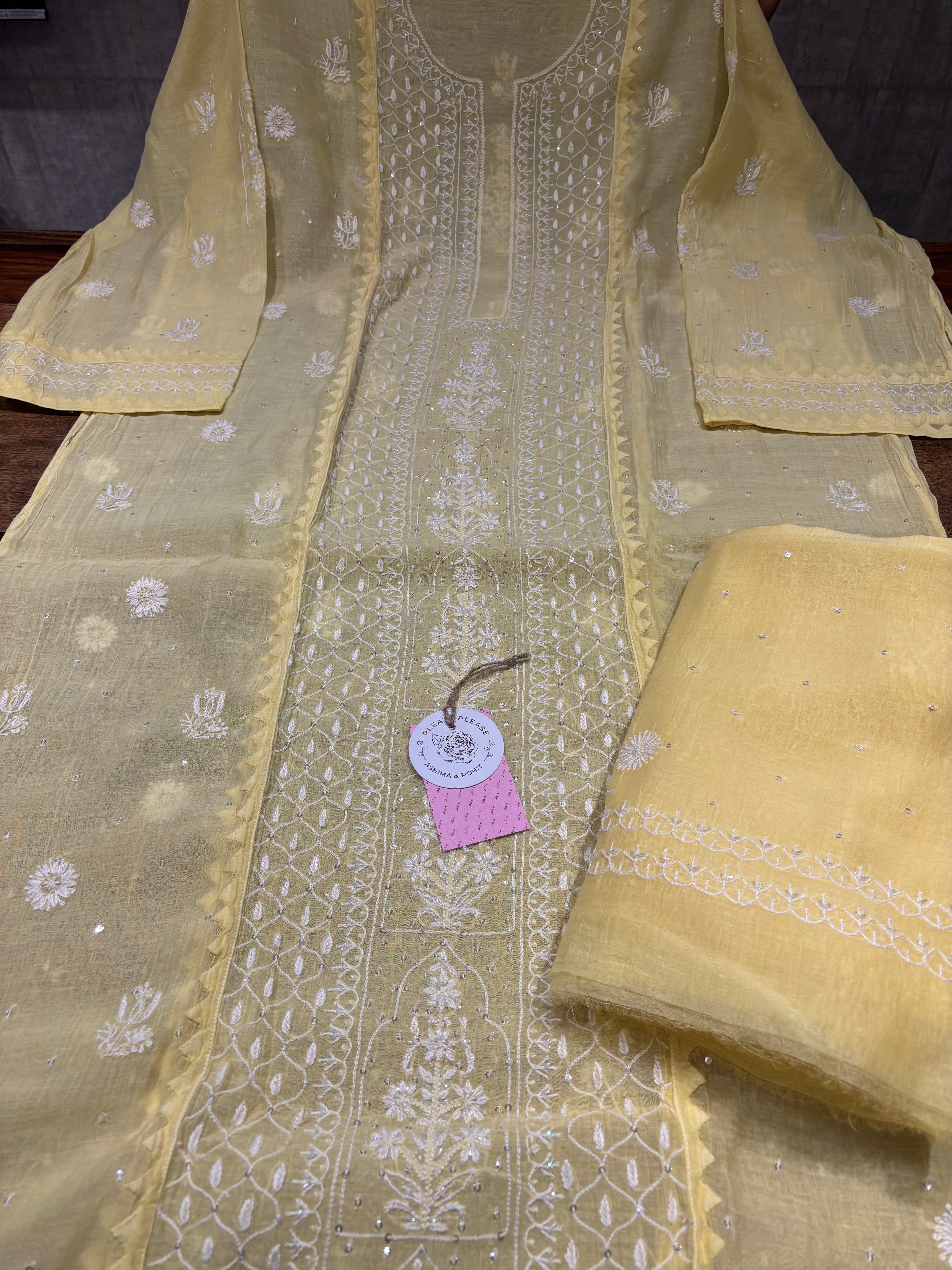 Butter Yellow Chanderi Mul Chikankari Kurta & Dupatta Set
