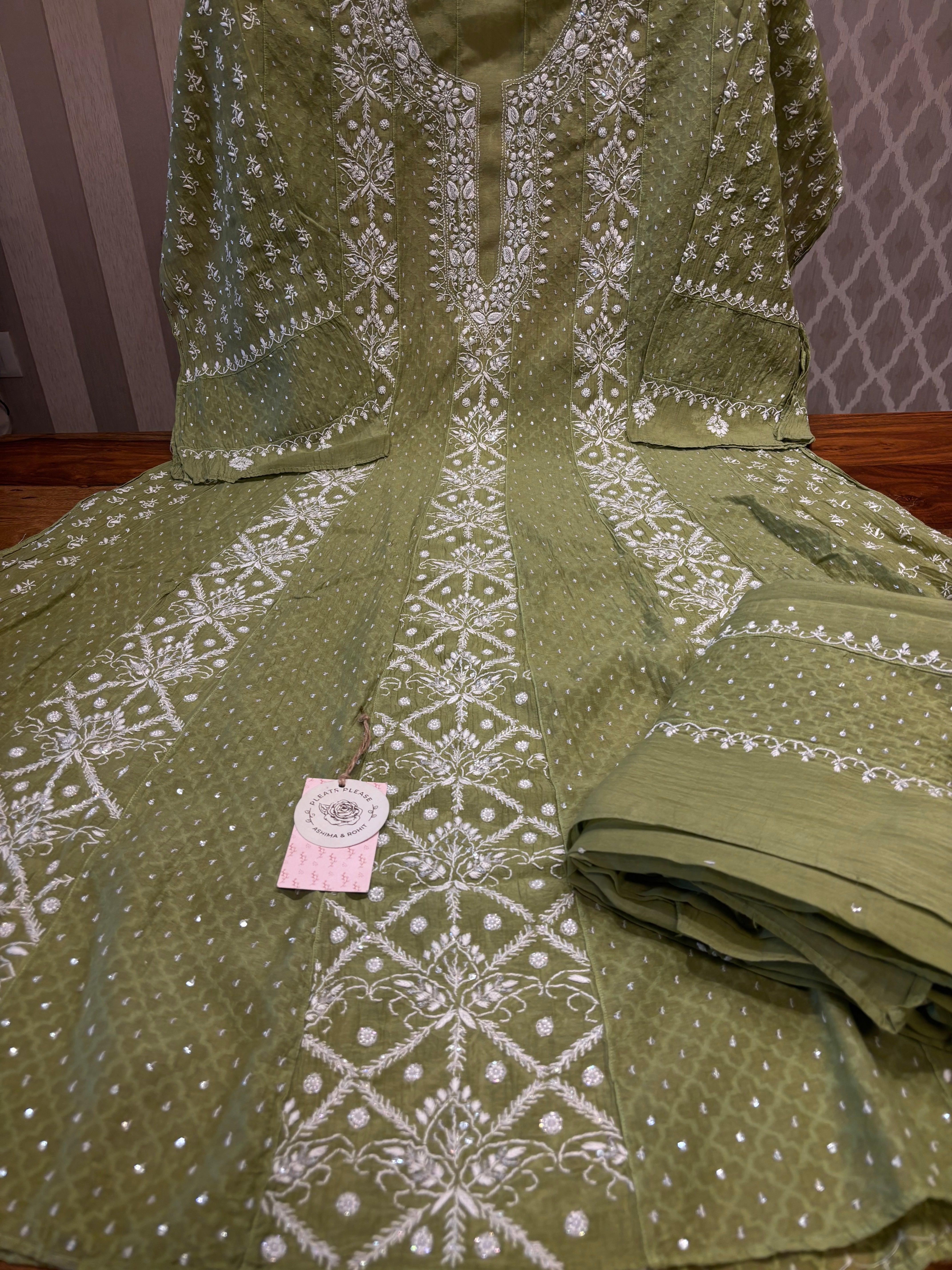 Olive Green Chanderi Mul Chikankari Anarkali and Dupatta