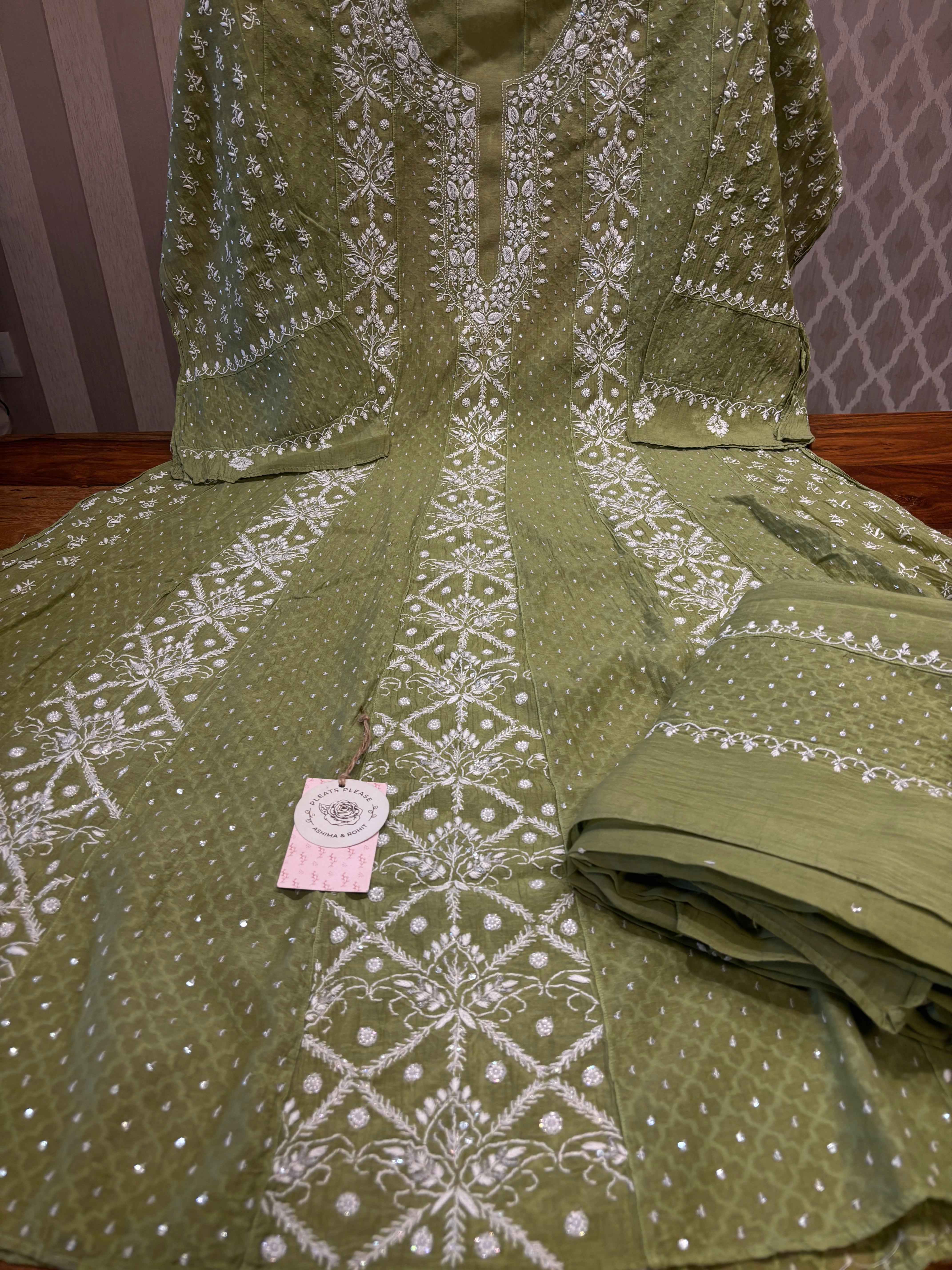 Olive Green Chanderi Mul Chikankari Anarkali and Dupatta - Pleats PleaseChikankari