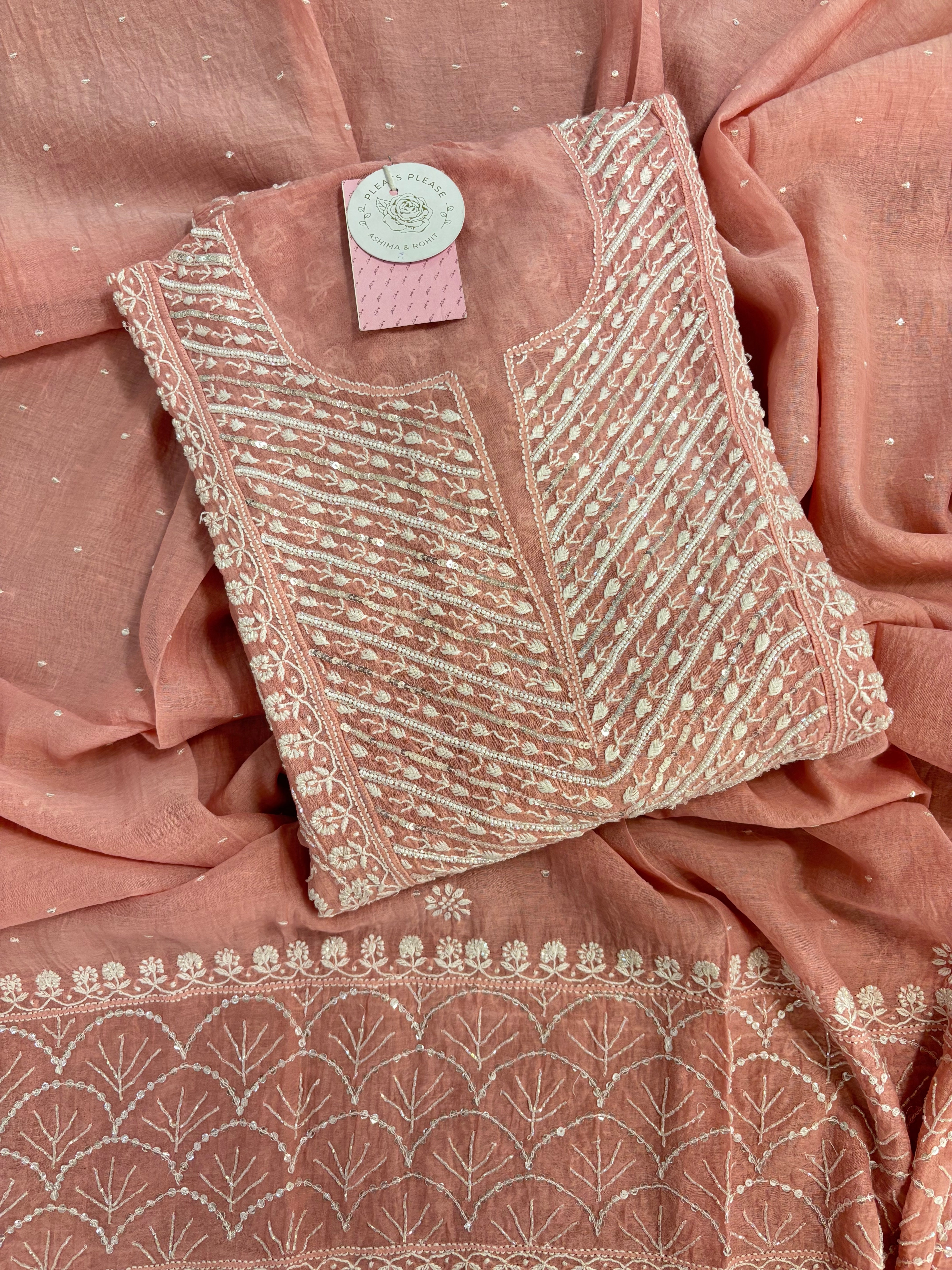 Coral Peach Chanderi Mul Chikankari Anarkali & Dupatta Set