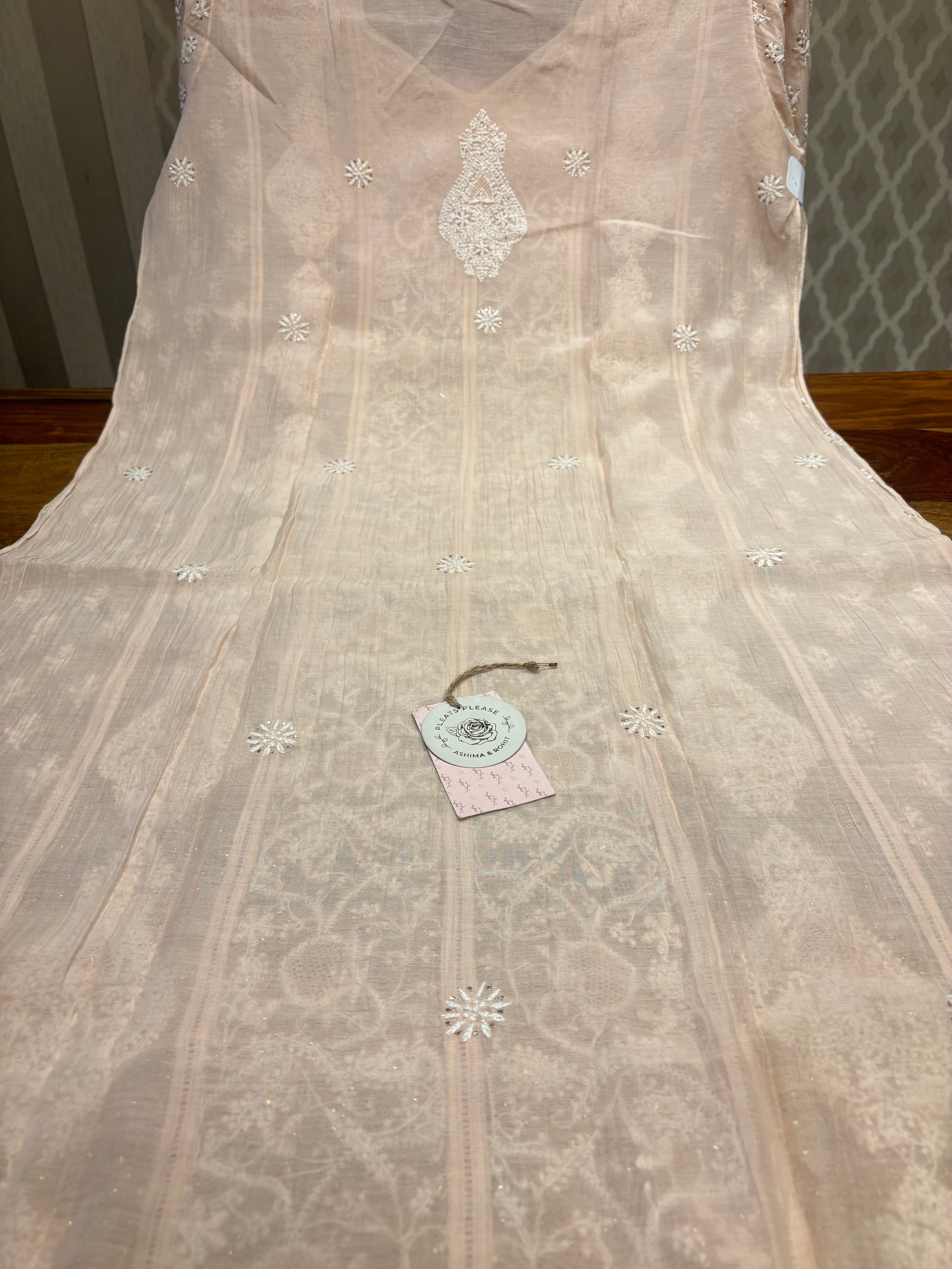 Peach Chanderi mul Chikankari Kurta and Dupatta