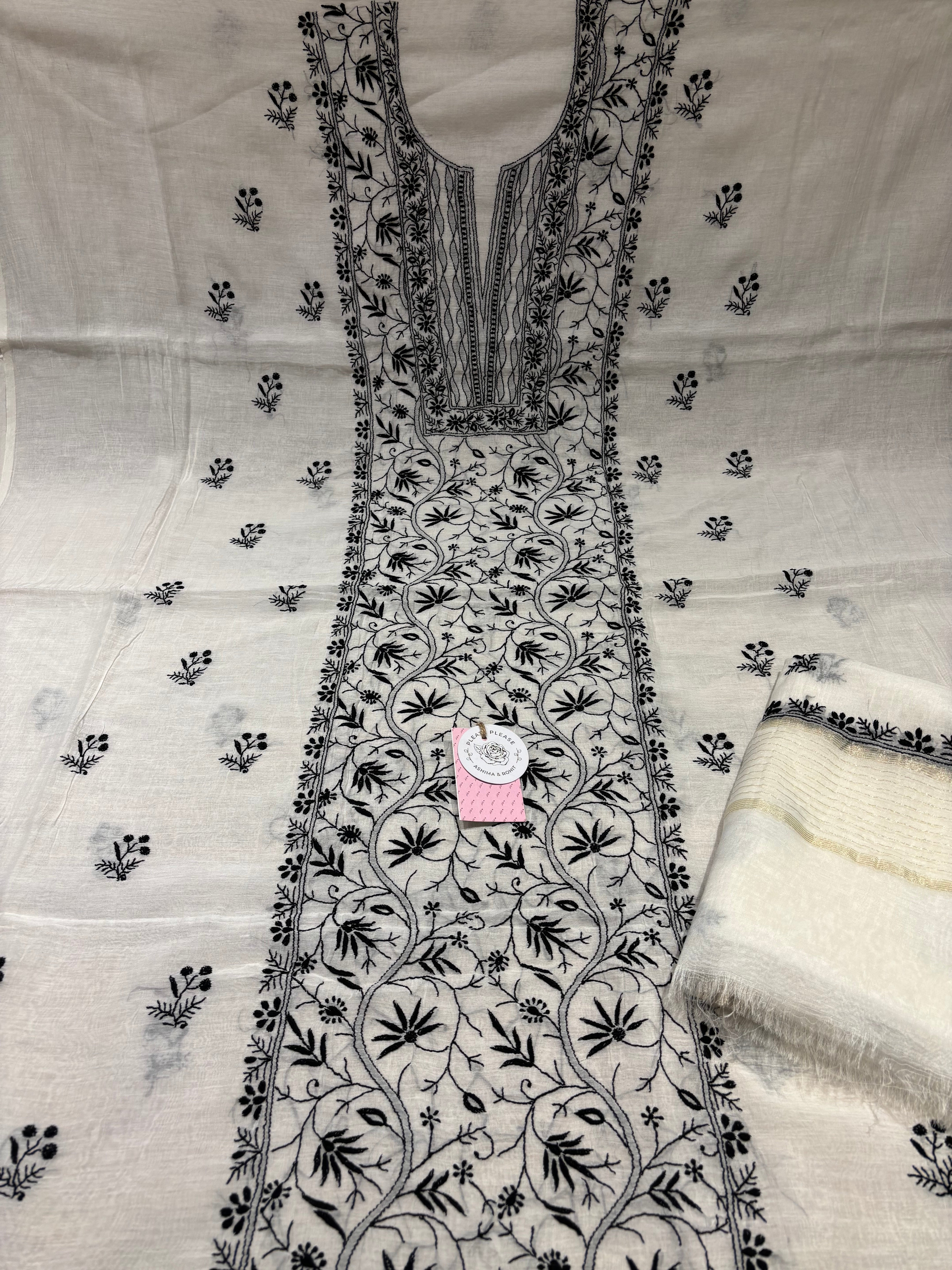 Dyeable Chanderi Mul Chikankari Kurta & Dupatta Fabric