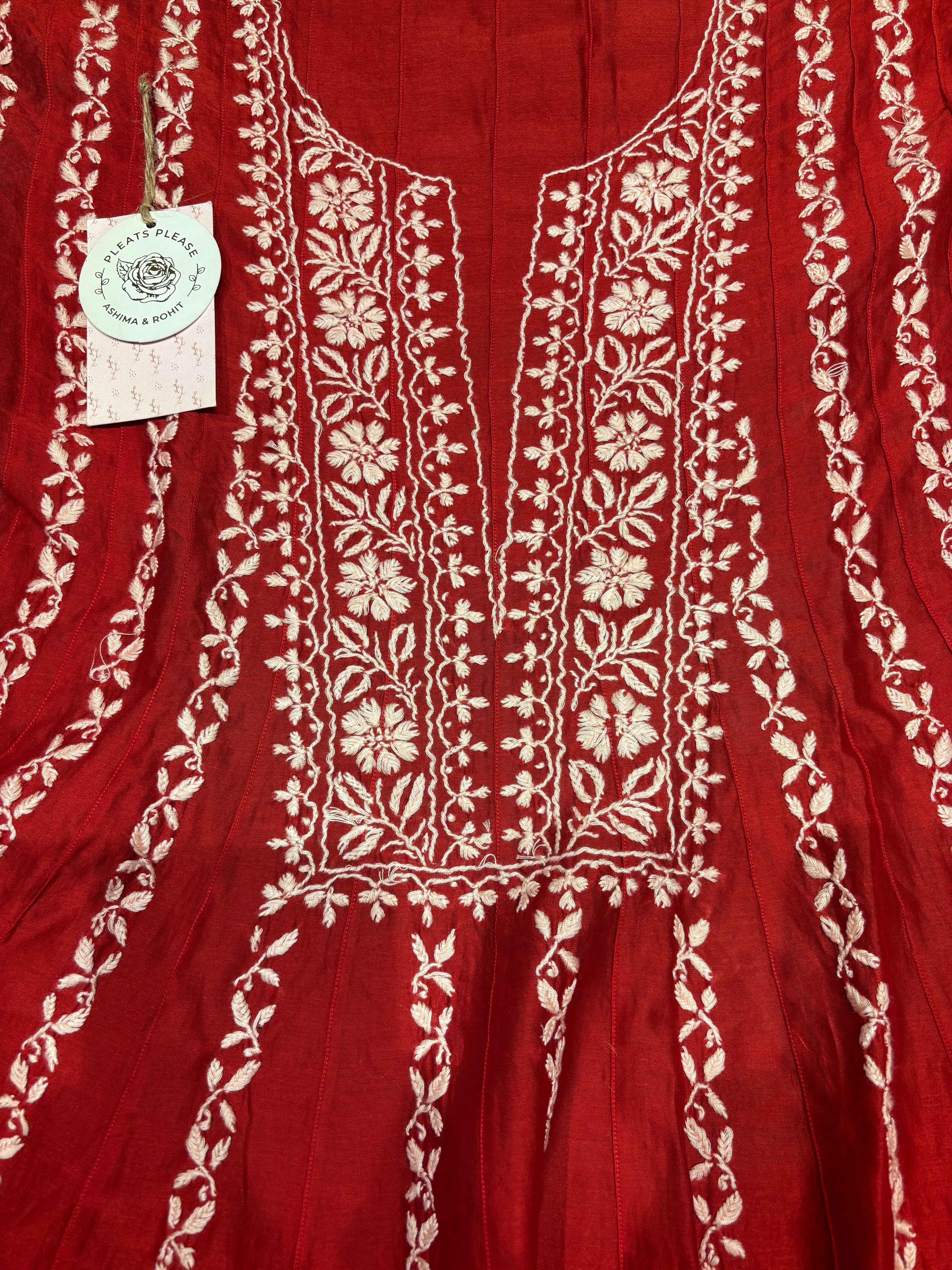 Red Chanderi Silk Chikankari Co-ord Set - Pleats PleaseChikankari