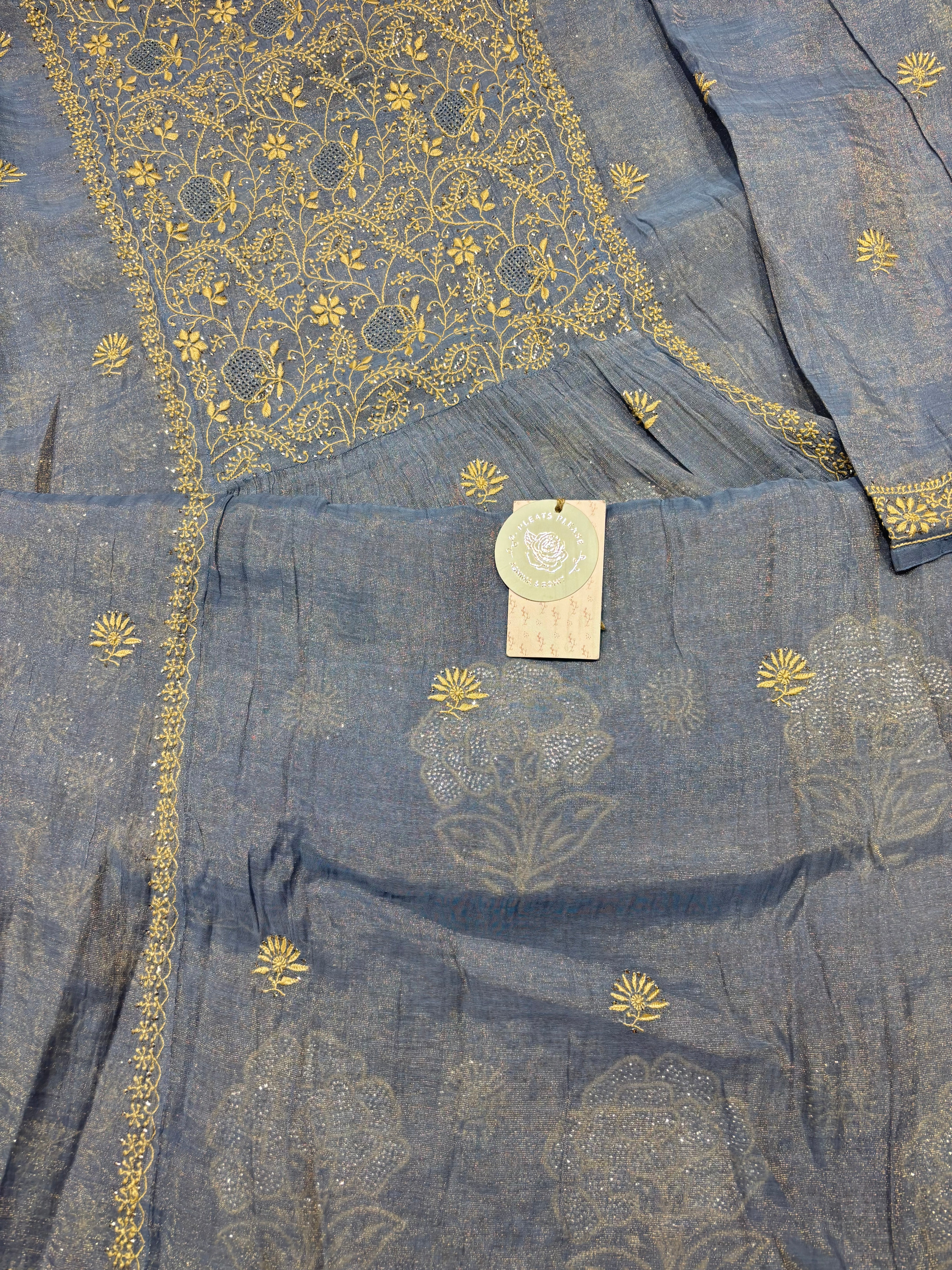 Blue Pure and Premium Tissue Chikankari & Mukaish Angrakha Kurta and Dupatta Set