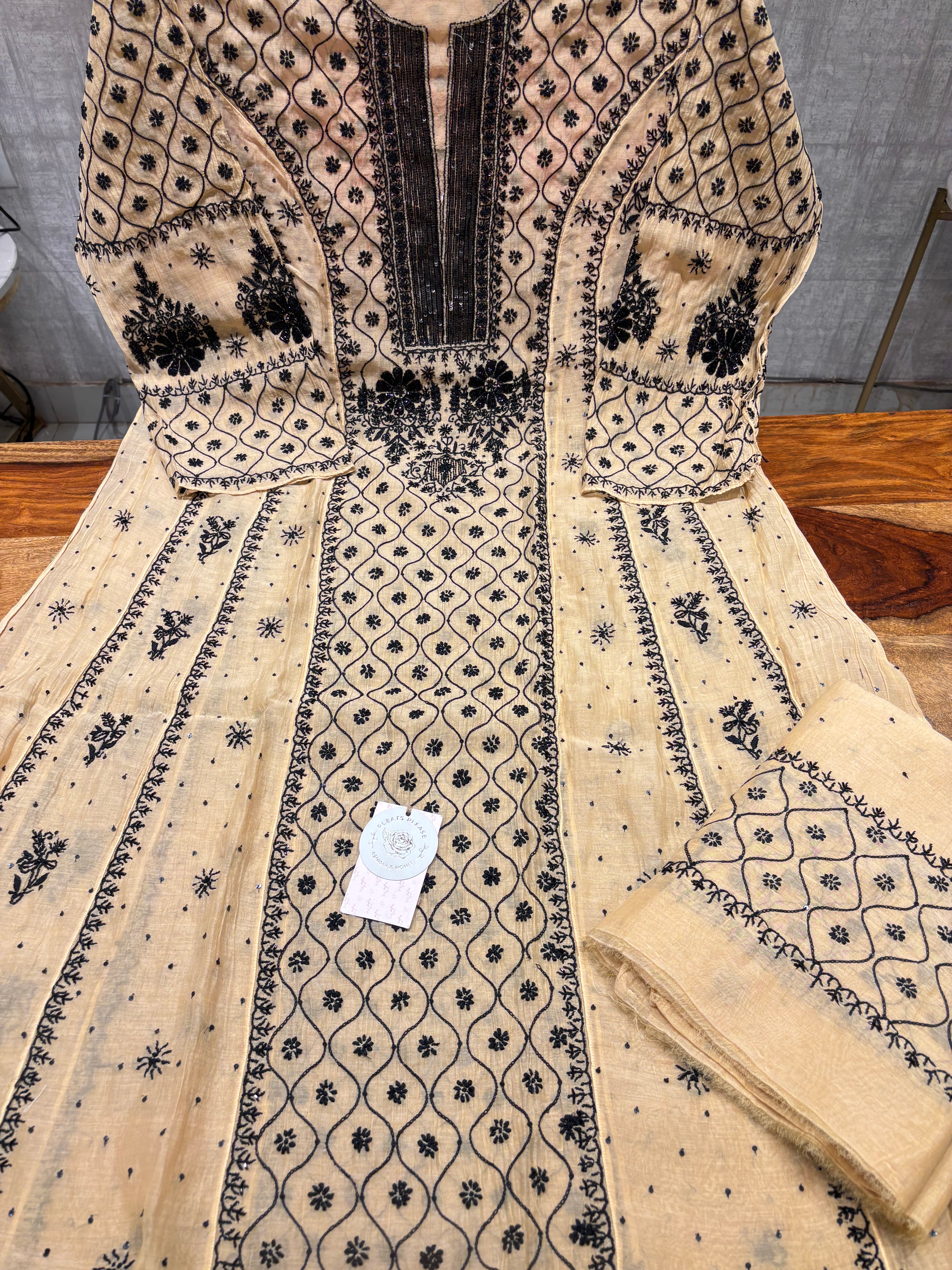 Golden Chanderi Mul Chikankari Anarkali and Dupatta Set