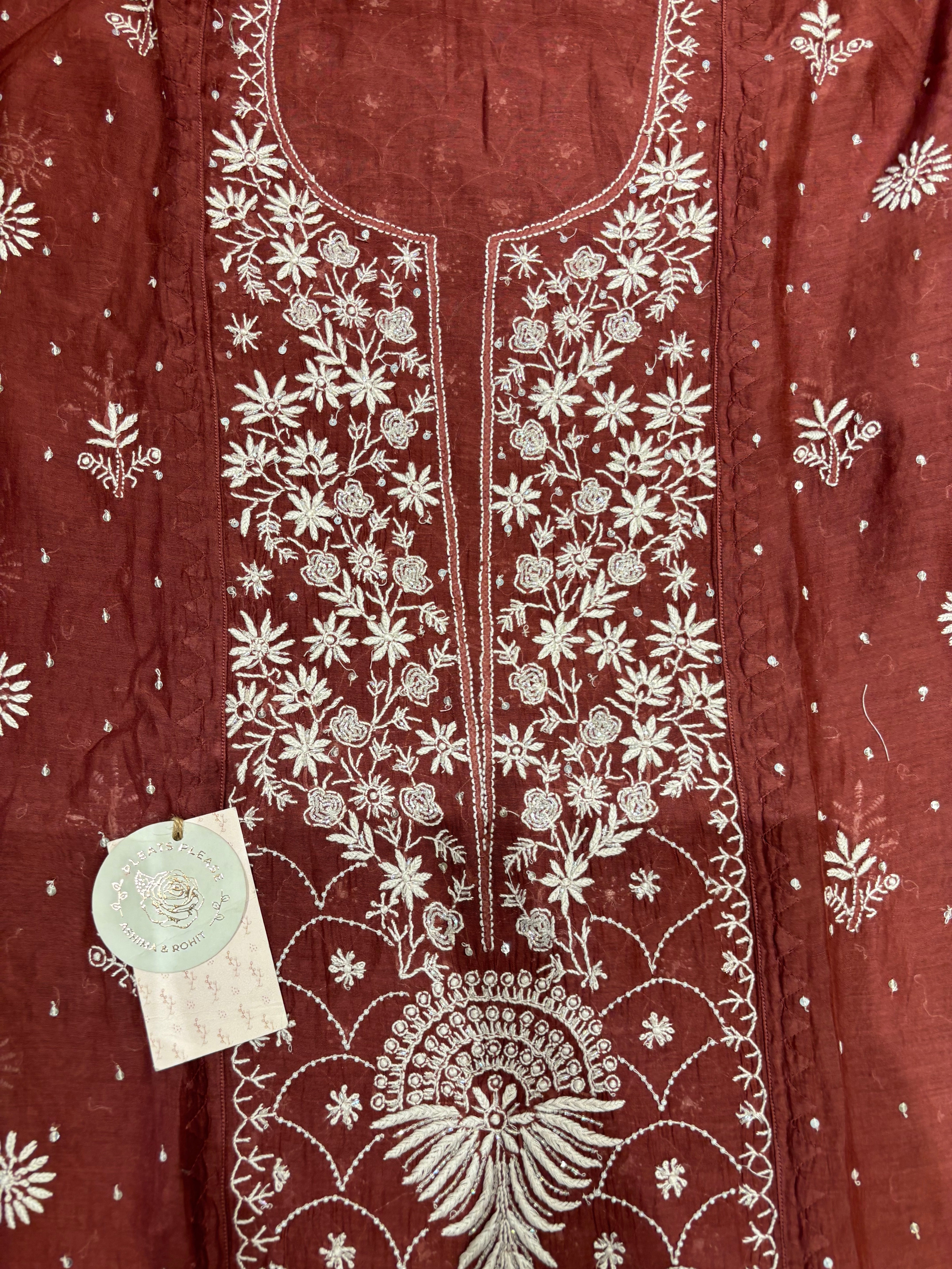 Red Cherrywood Chanderi mul Chikankari Kurta and Dupatta set