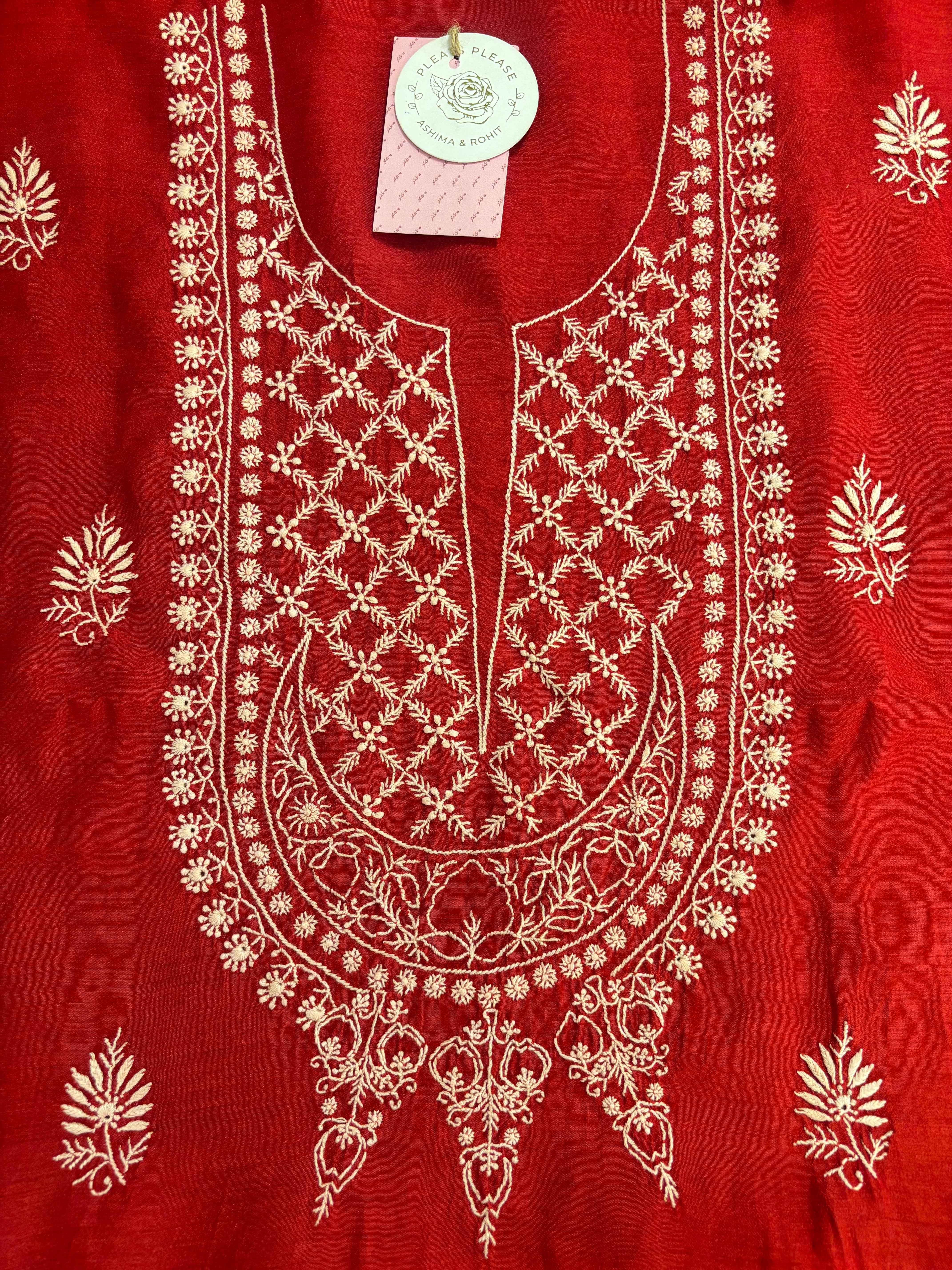 Red Monga Silk Chikankari Kurta & Dupatta