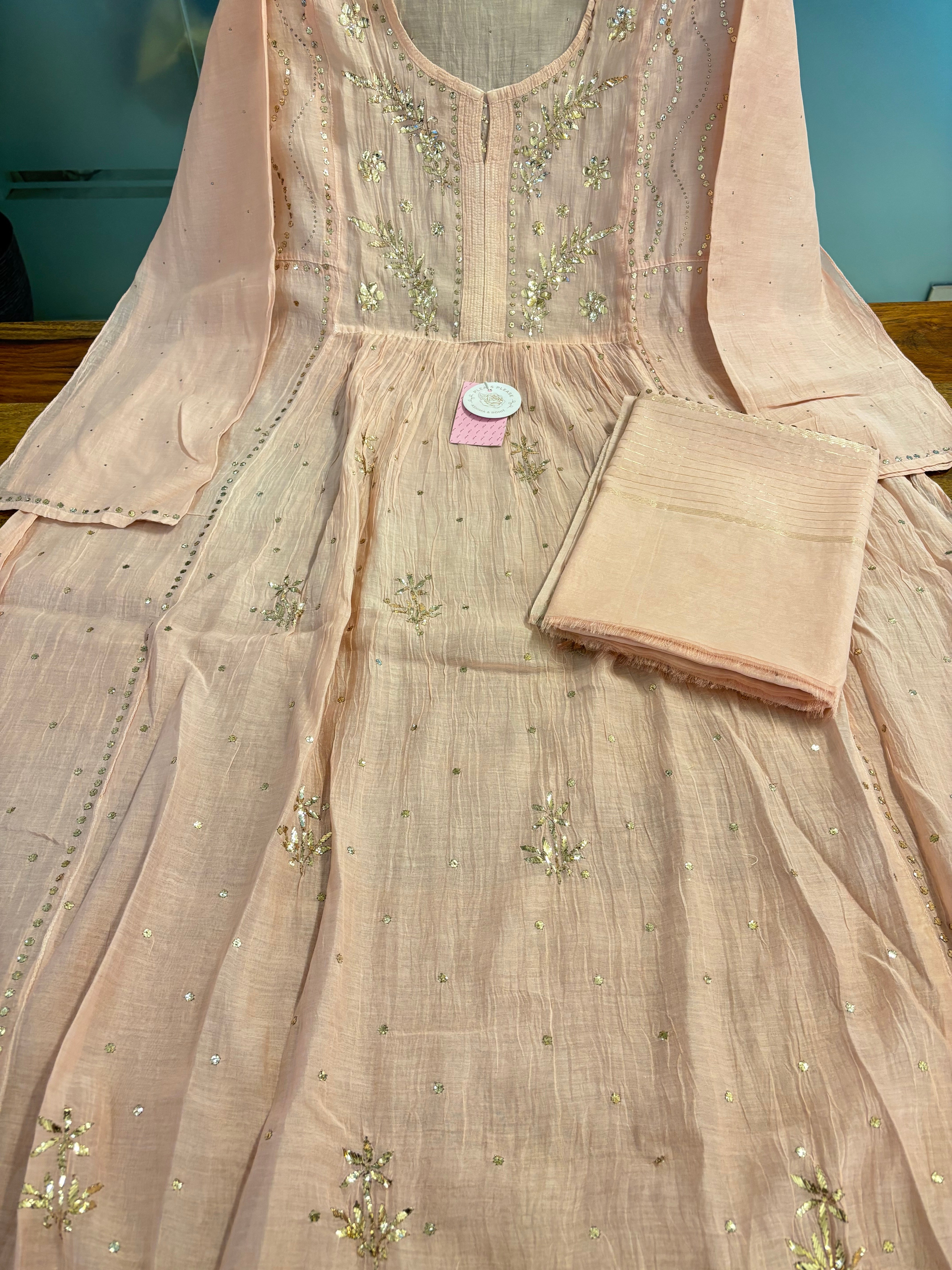 Peach Chanderi A-Line Mukaish Kurta & Dupatta