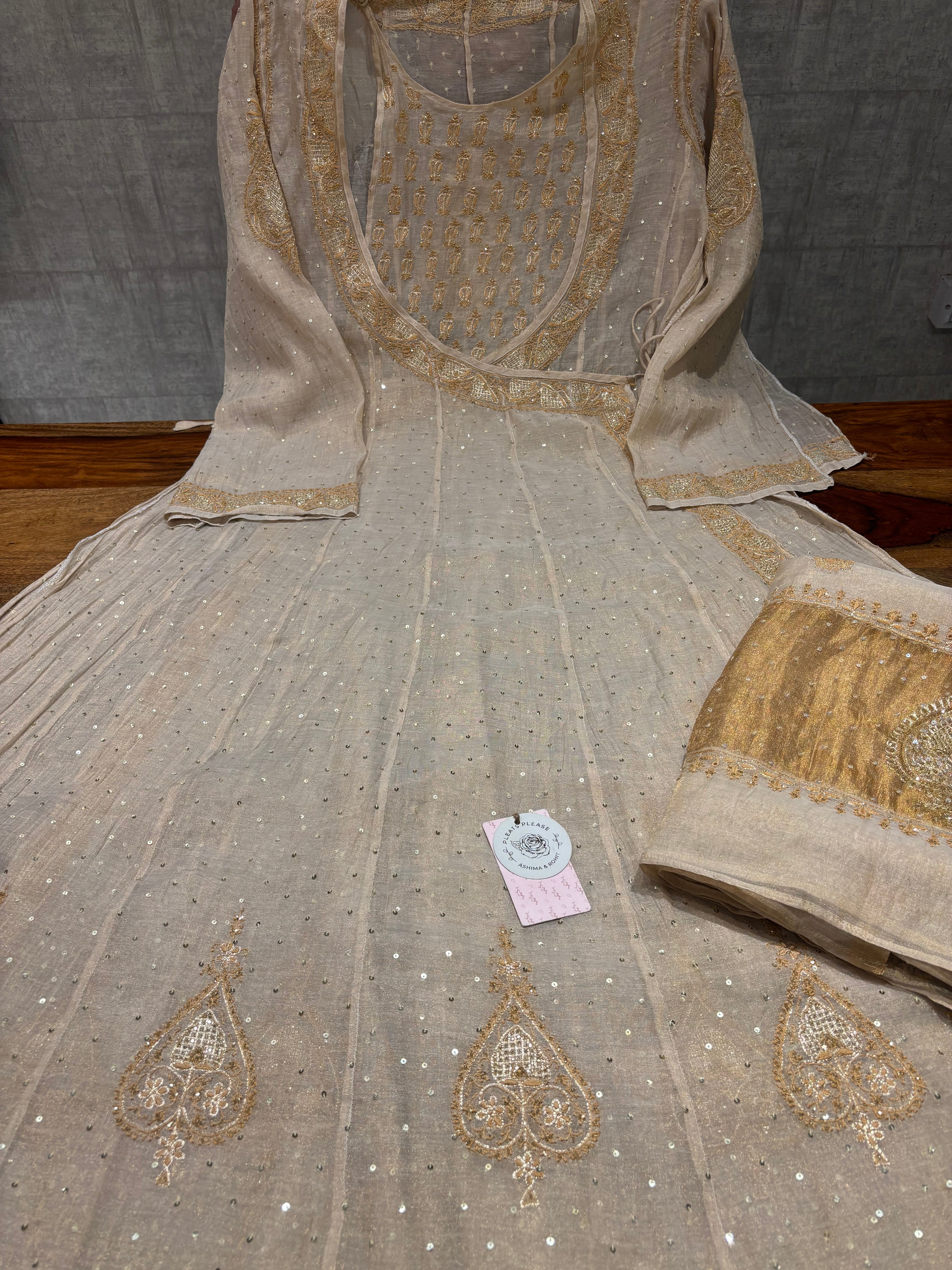 Dyeable Pure & Premium Tissue Chikankari Kalidar Angrakha & Dupatta Set