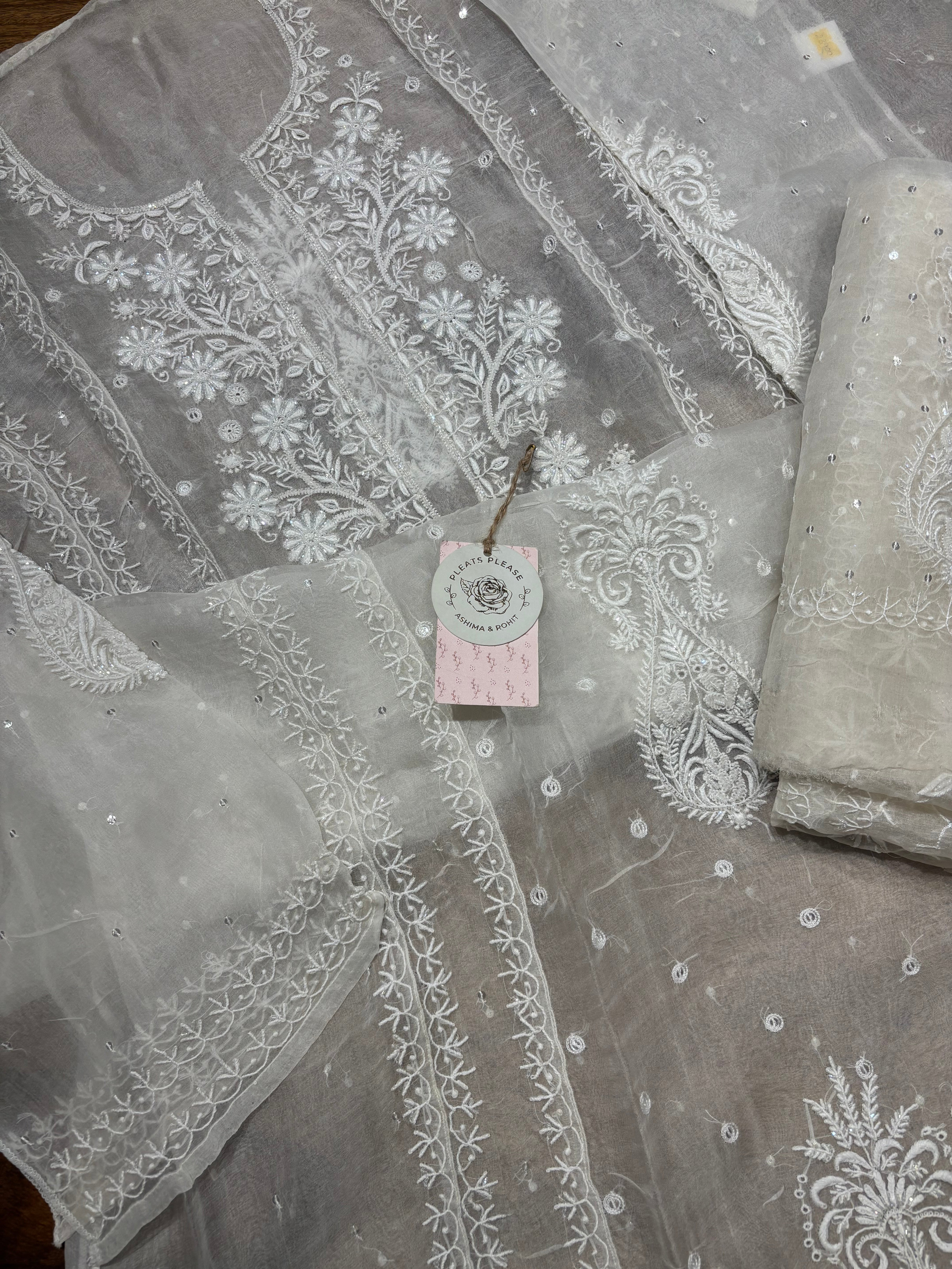 Dyeable Pure Organza Chikankari Kurta And Dupatta Set