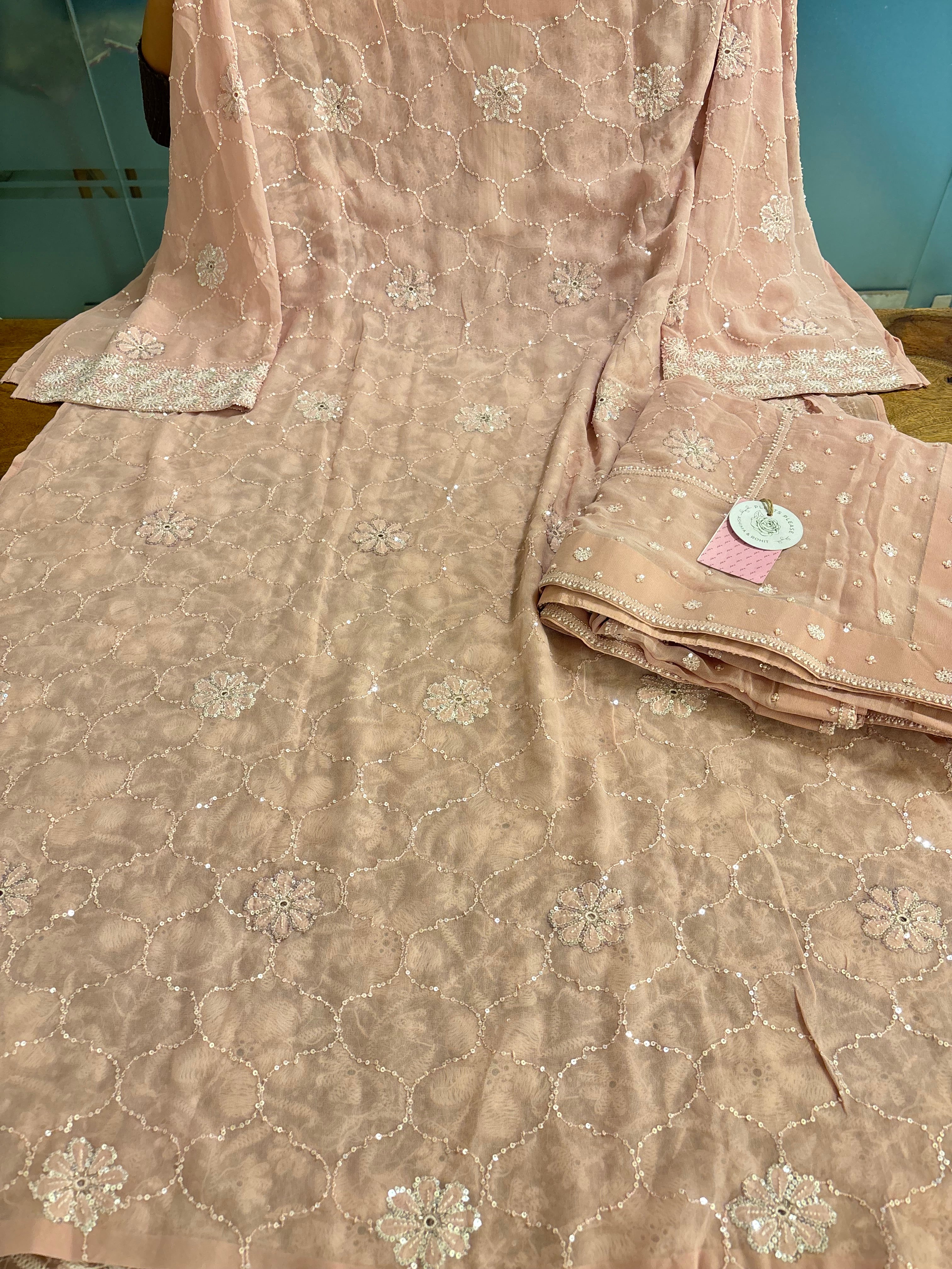 Pastel Peach Pure & Premium Georgette Chikankari Kurta & Dupatta