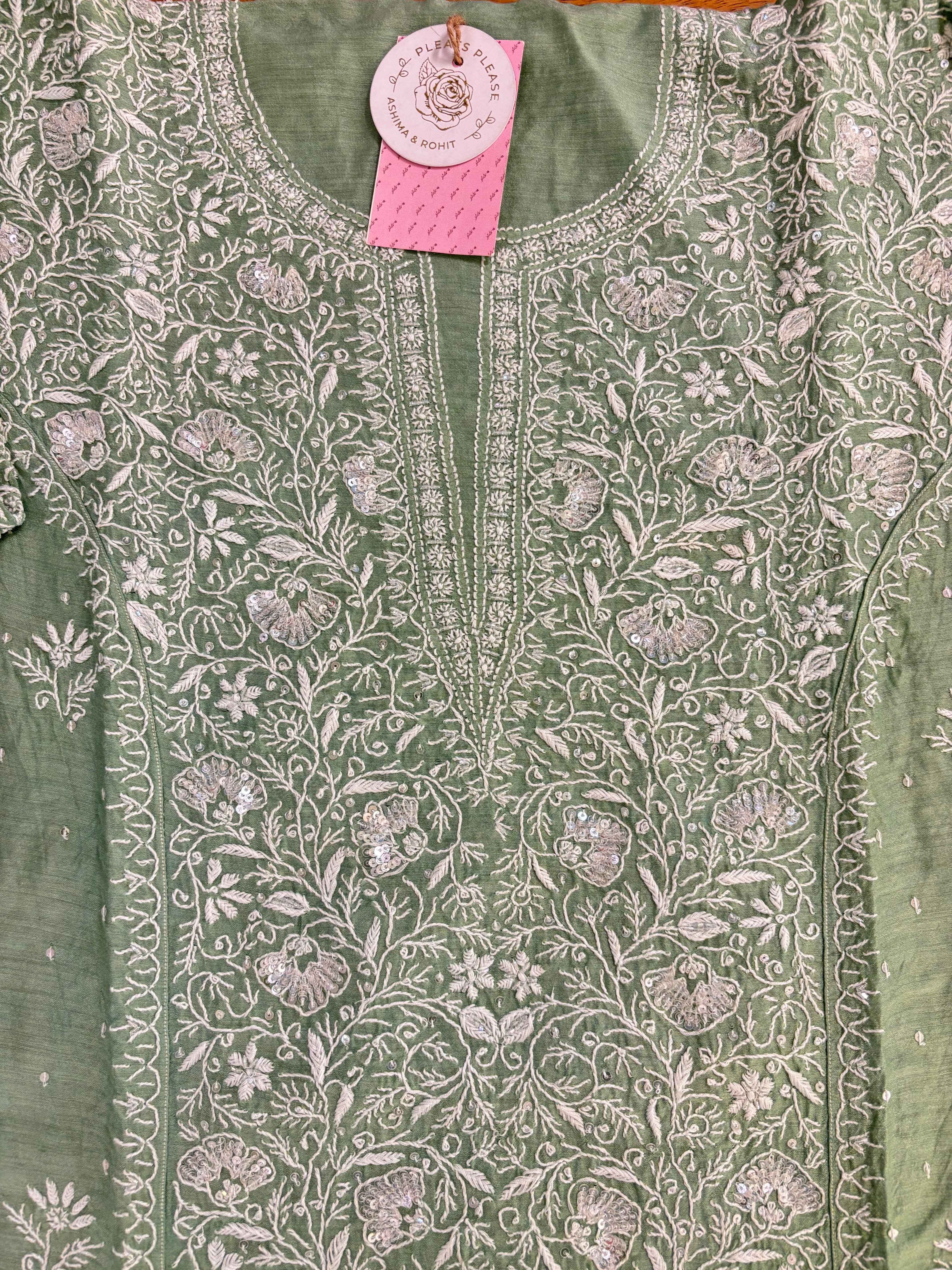 Sage Green Monga Silk Chikankari Kurta & Dupatta