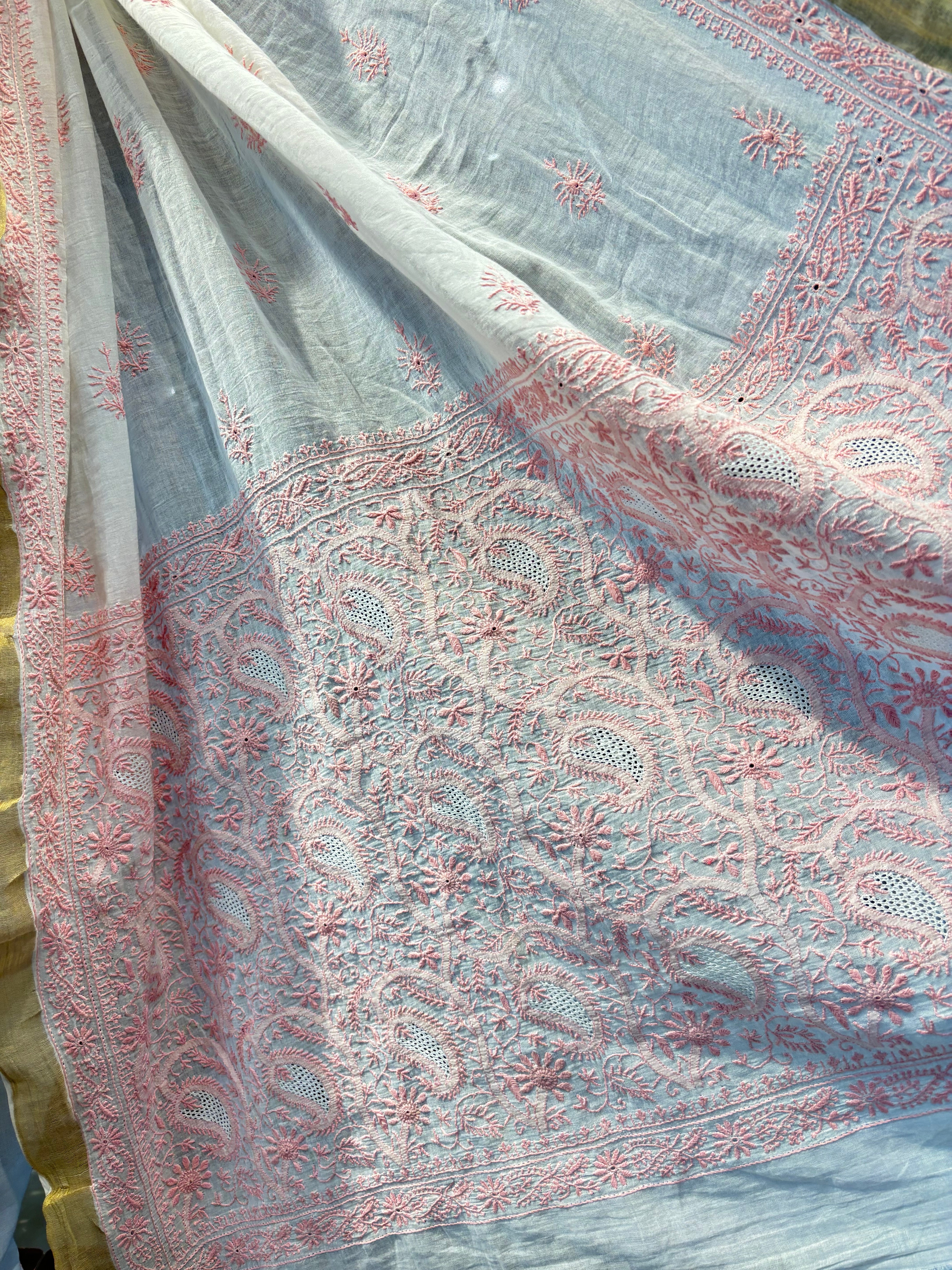 Dyeable Pure Chanderi Mul Chikankari Saree
