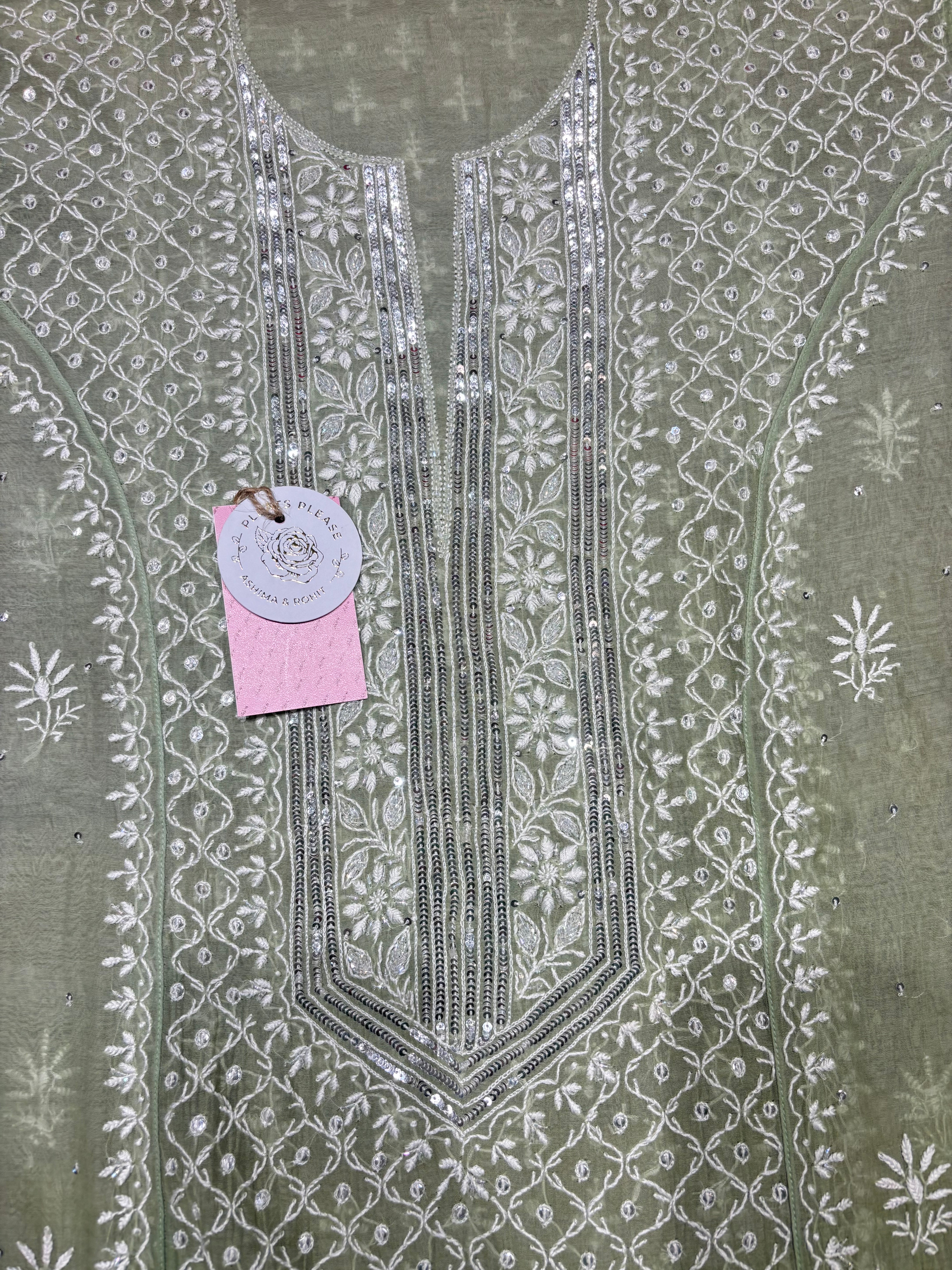 Green Ombre Chanderi Mul Chikankari kurta and Dupatta Set