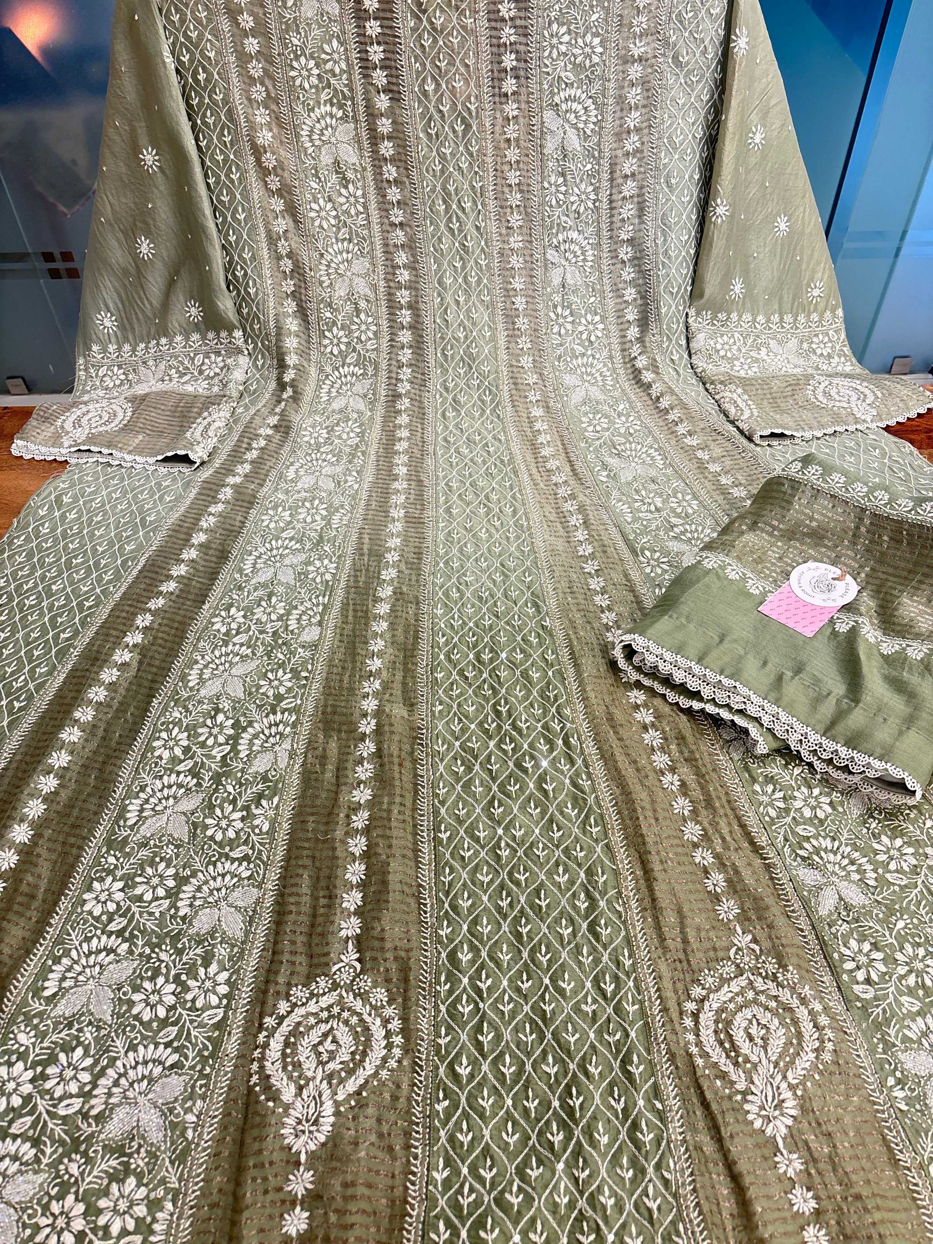 Olive Green Ombré Chanderi Chikankari Anarkali & Dupatta Set
