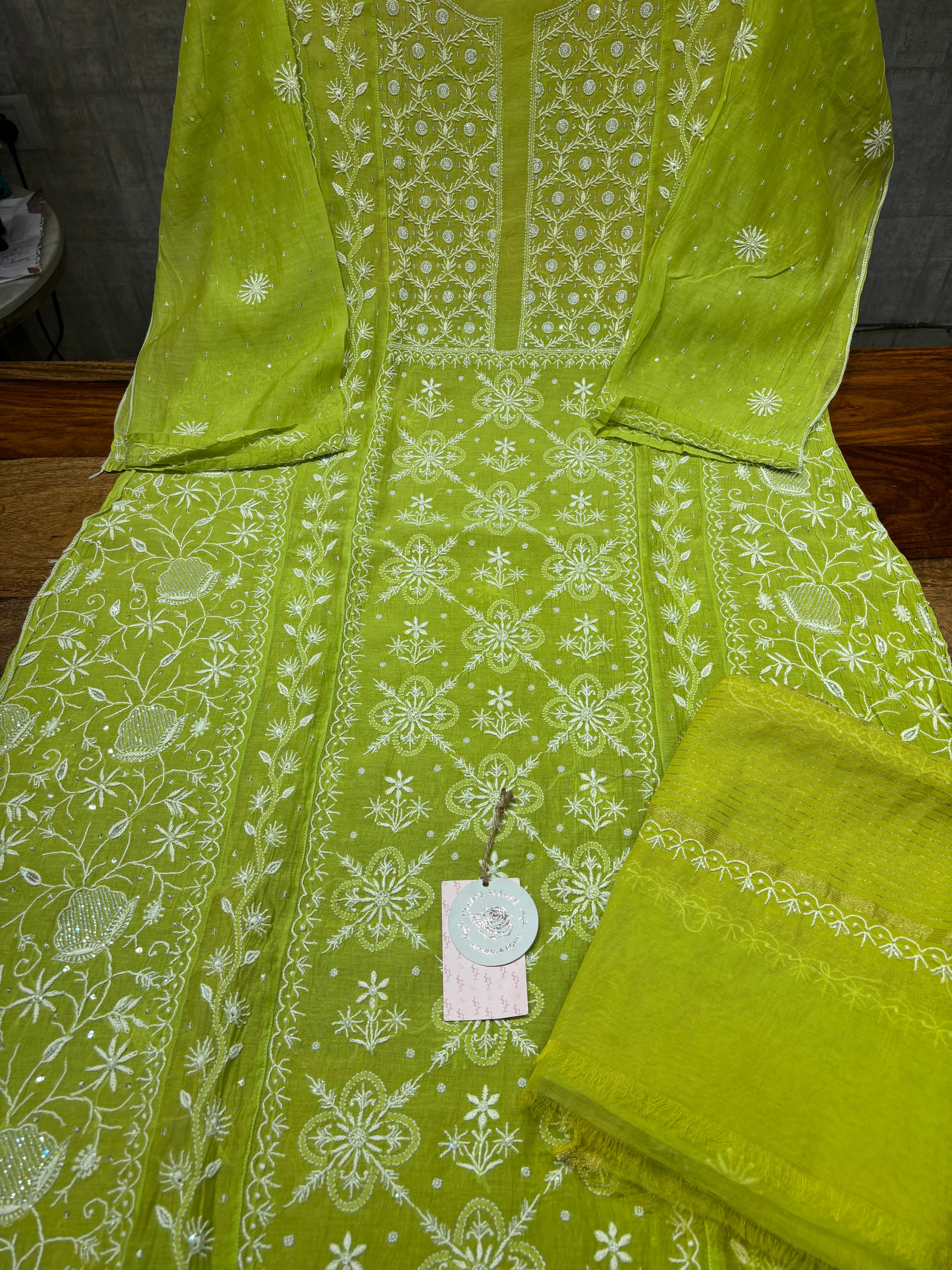 Green Chanderi Mul Chikankari Kalidar Kurta and Dupatta set