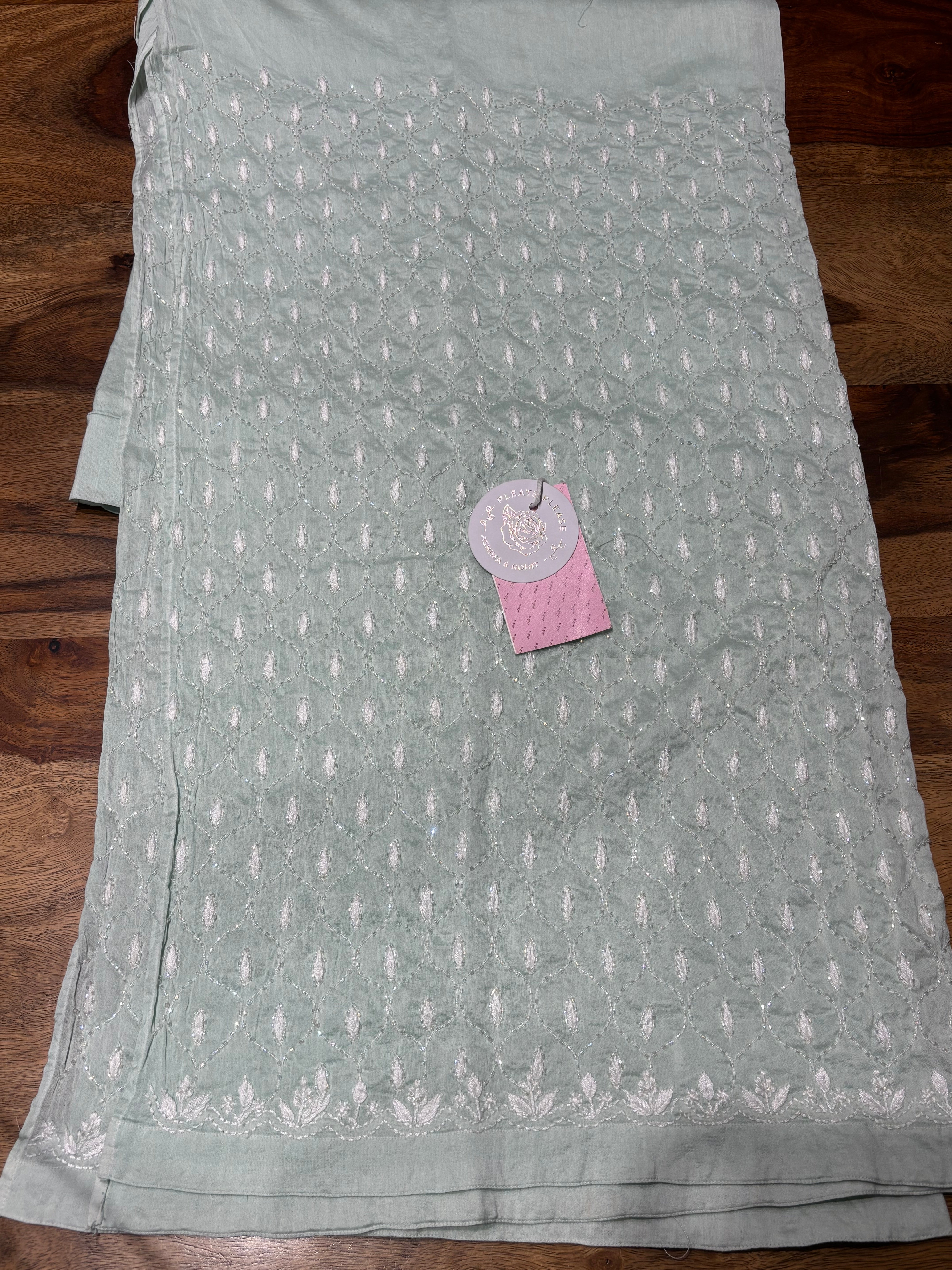 Sage Green Ombré Chanderi Mul Chikankari Kurta & Dupatta With Bottom - Pleats PleaseChikankari