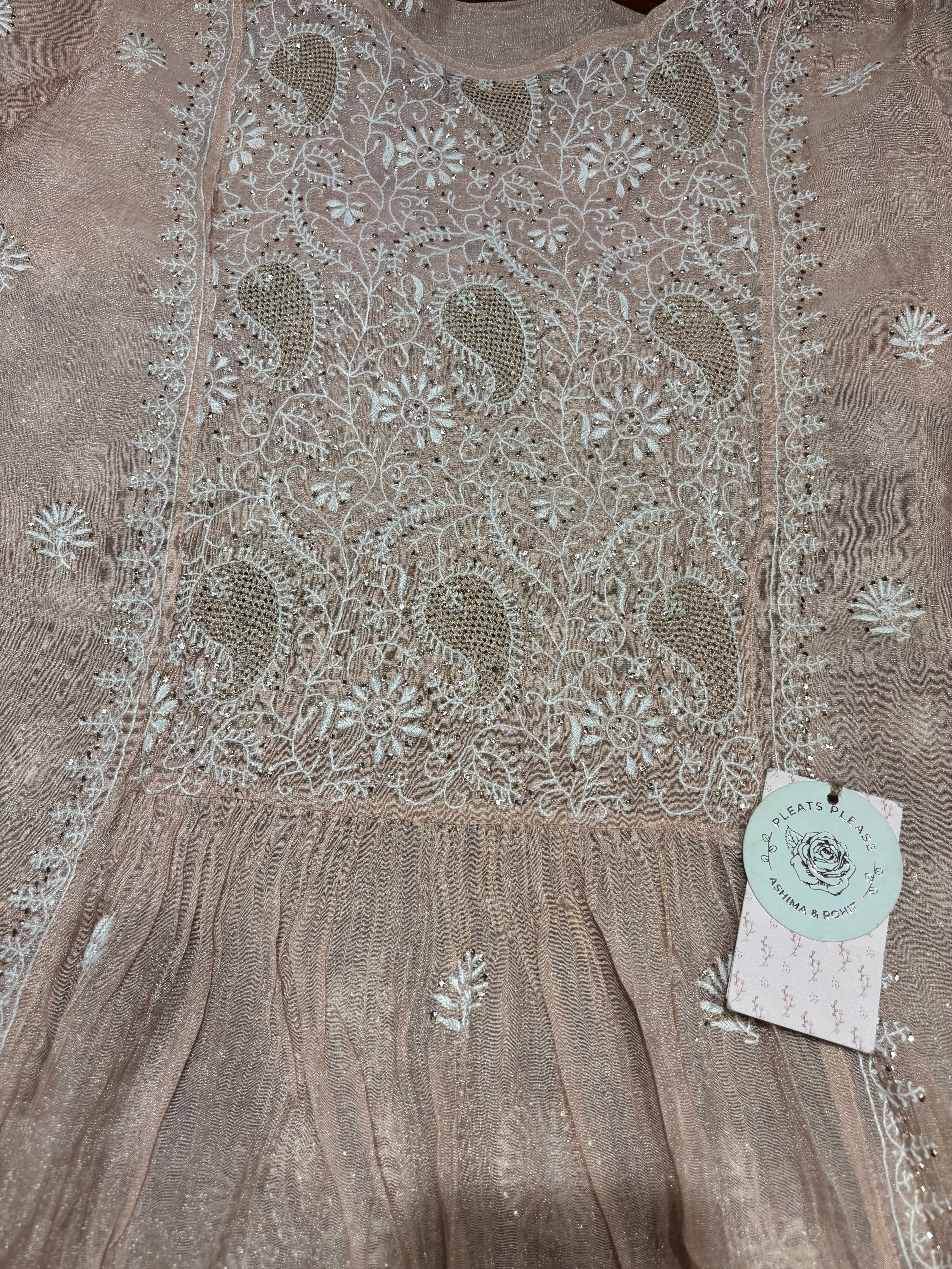 Peach Pure & Premium Tissue Chikankari Angrakha Kurta & Dupatta Set