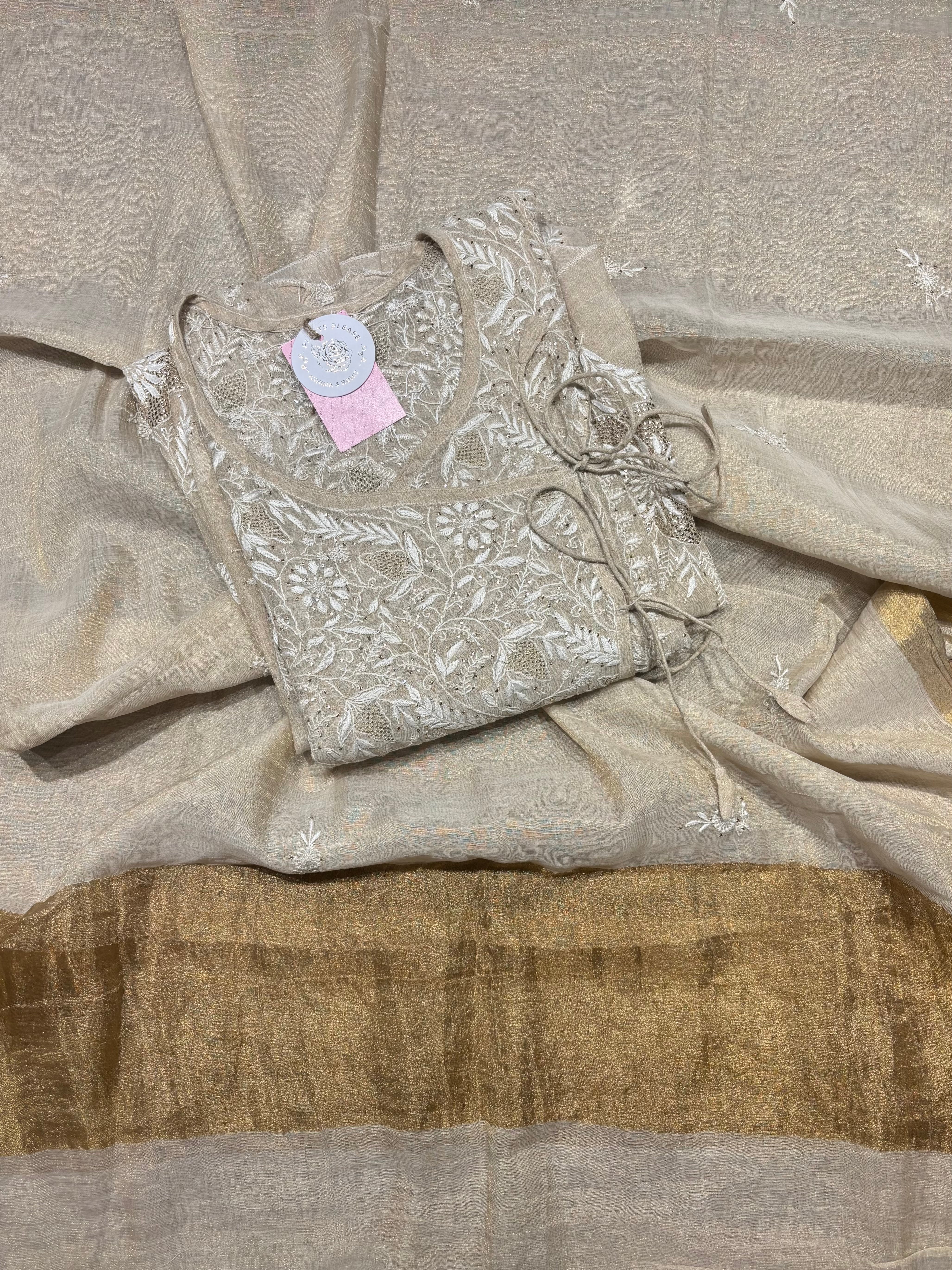 Dyeable Pure & Premium Tissue Chikankari & Mukaish Angrakha Kurta & Dupatta Set