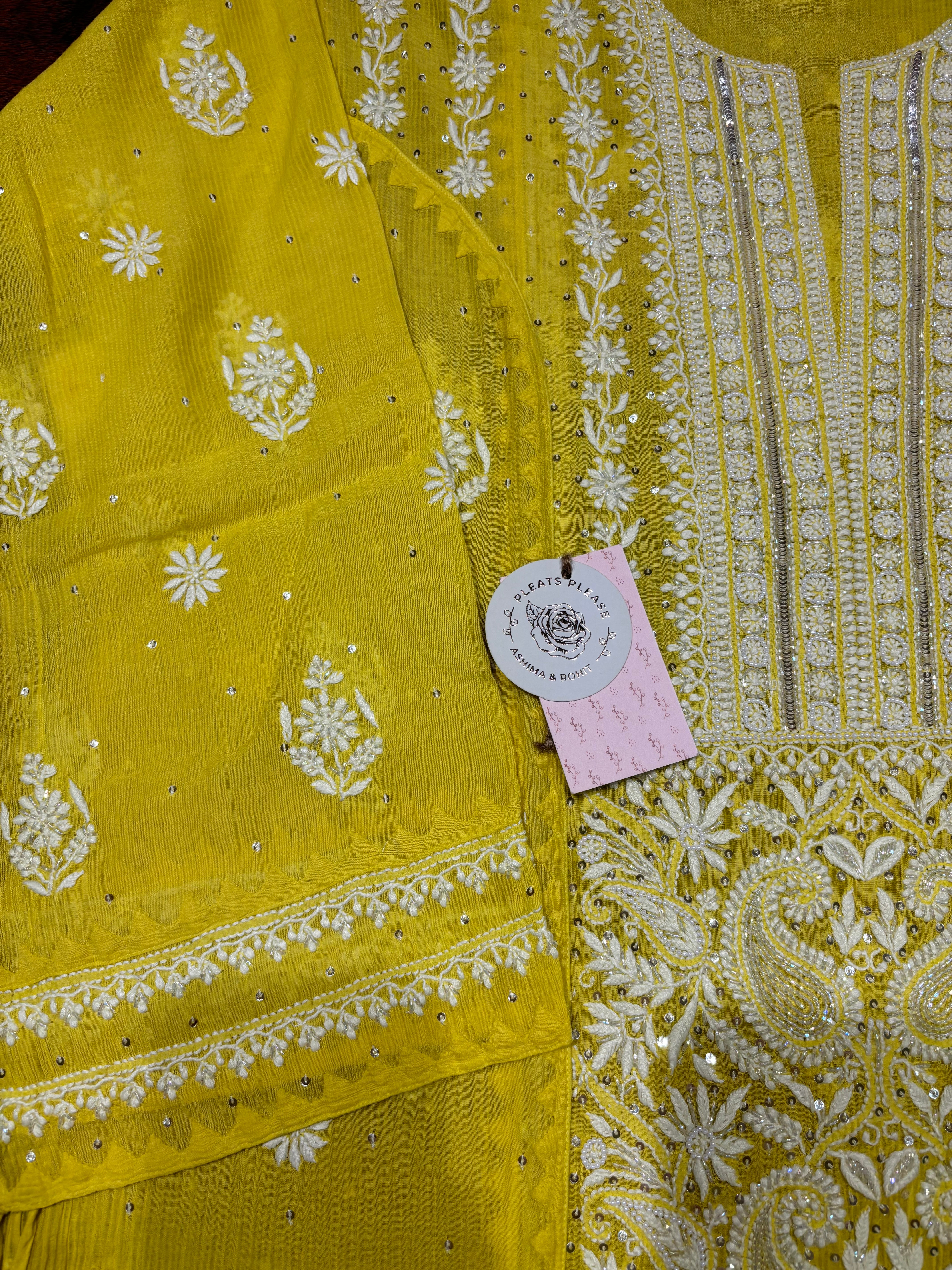 Lime yellow Chanderi Maheshwari Chikankari kurta and Dupatta set